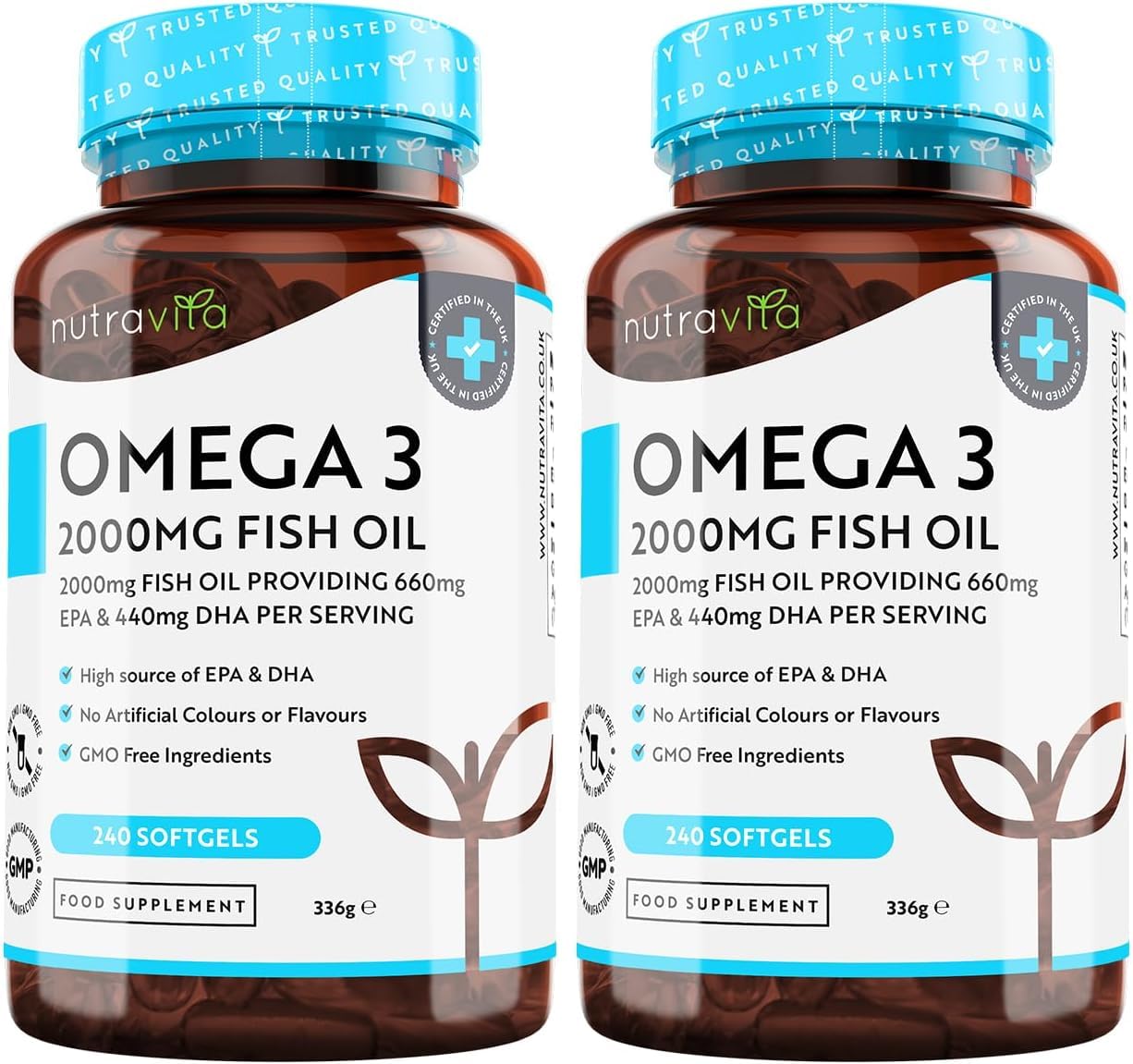 Omega 3 Capsules High Strength 2000mg with 660mg EPA & 440mg DHA, 2 Bottles of 240 Softgel Omega 3 Fish Oil Capsules for 8 Months of Supply, Fish Oil Omega 3 Supplements
