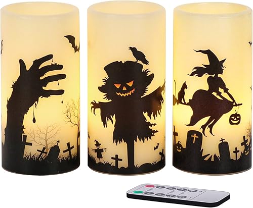 Eldnacele Juego de 3 velas parpadeantes de Halloween que funcionan con pilas, decoración espeluznante de terror
