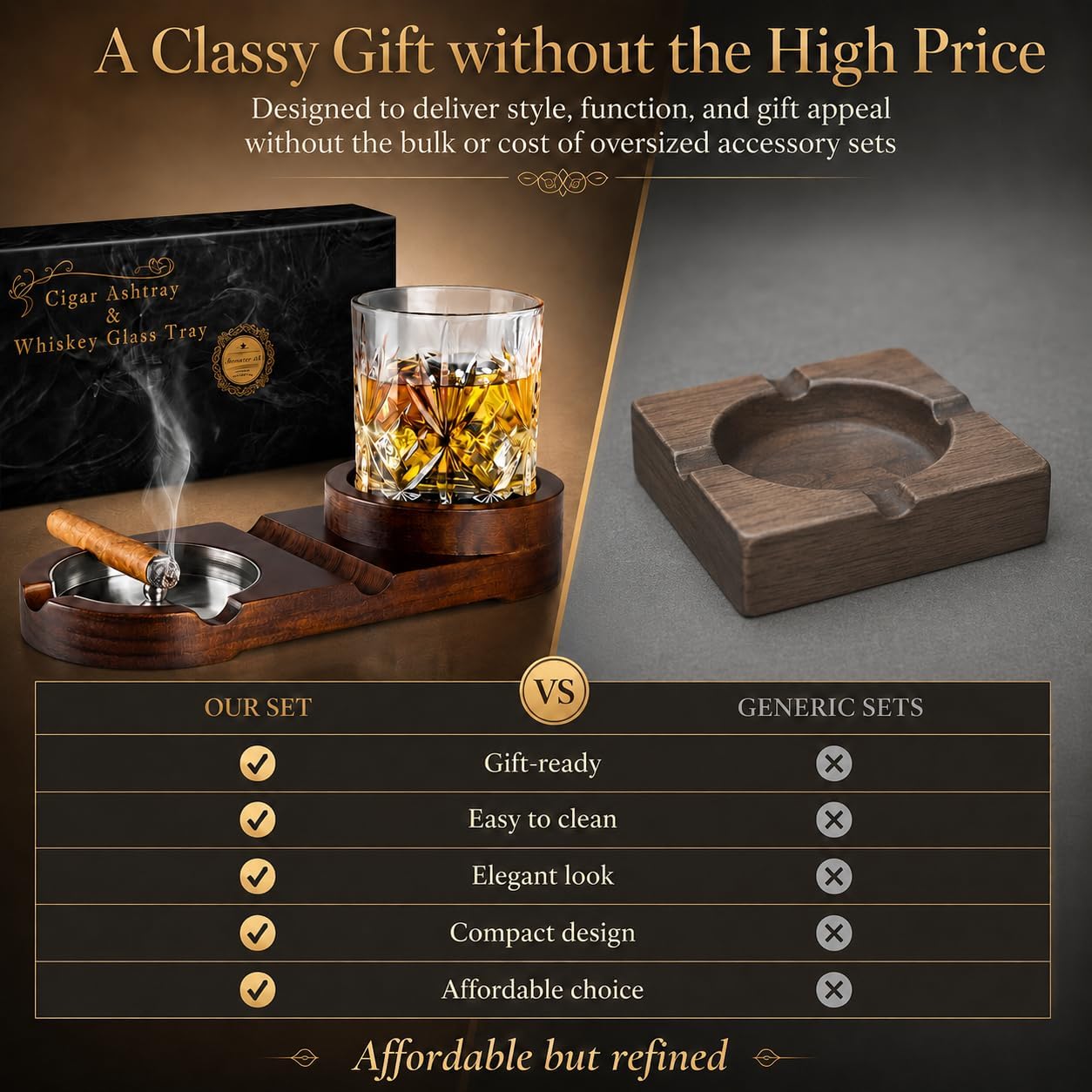 Cigar Ashtrays, Whiskey Glass Tray and Cigar Holder for Indoor Outdoor, Wooden Ash Tray Detachable Ashtray for Cigarettes, Cigar Accessories Decor for Home Office cigar Gifts for Men