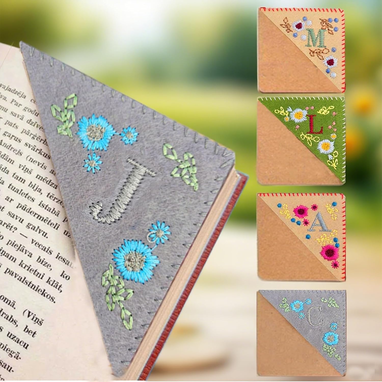 Embroidered Corner Bookmark with Initial, Handmade Fabric Page Marker for Readers, Personalized Book Corner Gift for Women, Friends, Journal Use, Winter, J