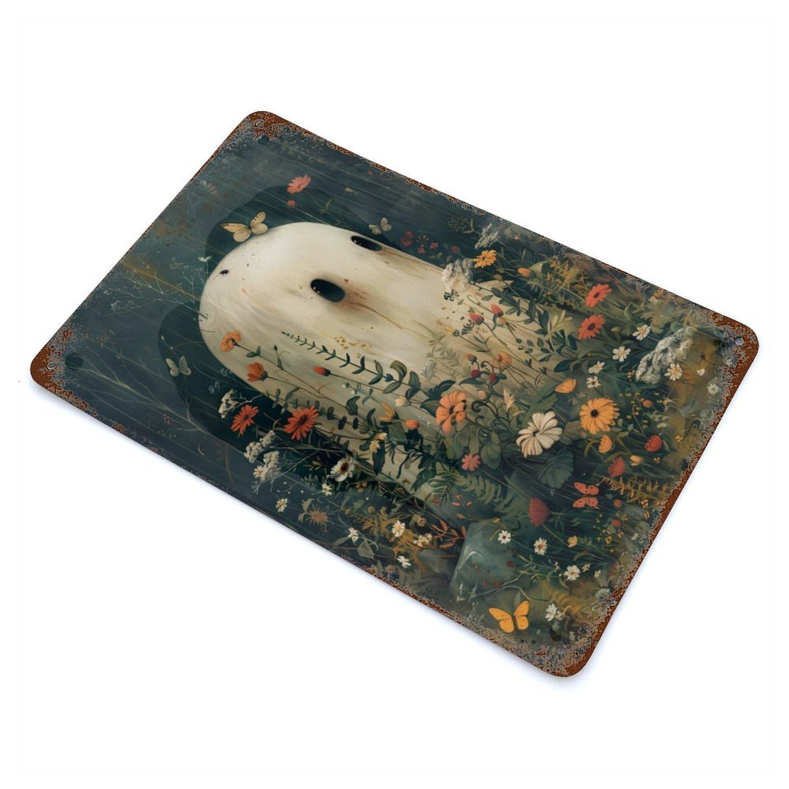 Floral Bohoo Ghost Rusty Metal Tin Sign 11.8"x7.9", Industrial Home Decor for Garage, Pub Or Kitchen