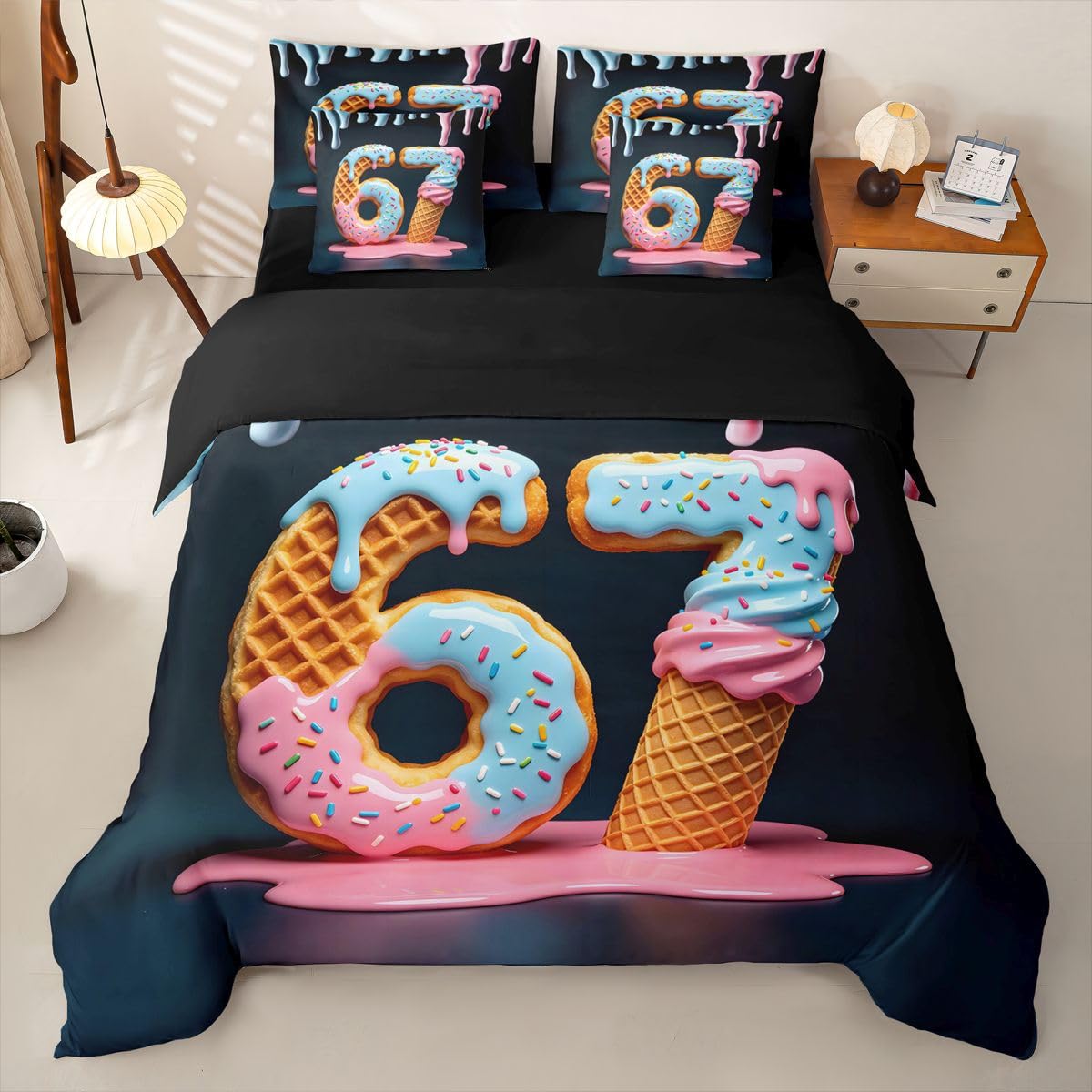 Loussiesd SIX SEVEN 6 7 Ice Cream Copripiumino Singolo 7 Pezzi Colorato Crema Candy Set di biancheria da letto per bambini Ragazzi Ragazze Dolce Dolce letto in una borsa con copripiumino, lenzuola