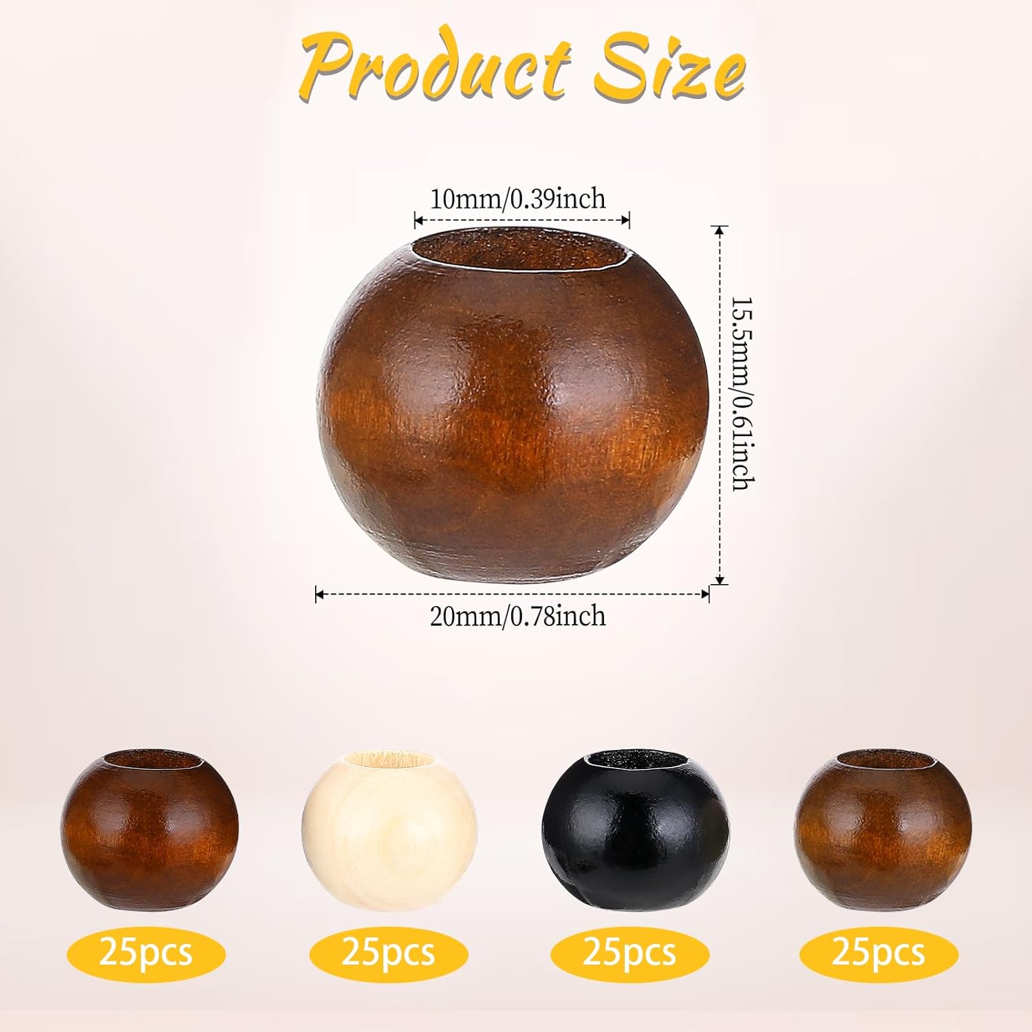 100PCS Wooden Beads, 20mm Brown Wooden Macrame Beads, Large Hole Round Craft Beads in 4 Colors, Wooden Craft Beads for Home Decor Garlands DIY Crafts Bracelet Necklace Making Supplies (100) - Image 2