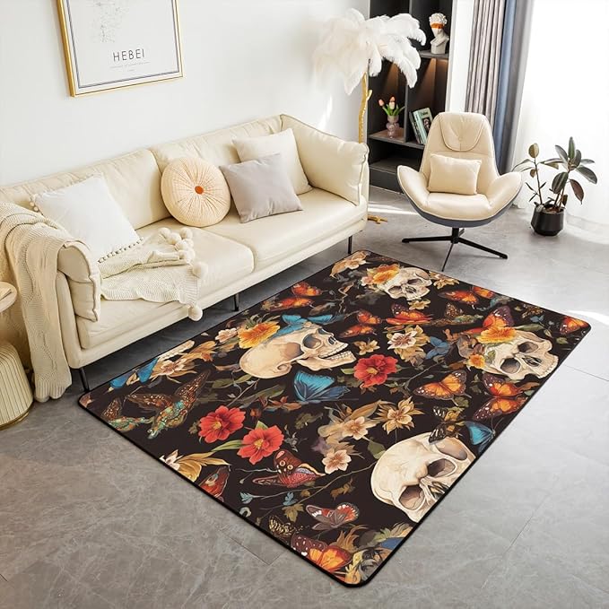 Feelyou Sugar Skull Area Rug 3x5 Kids Botanical Flowers Print Decorative Rug for Boys Girls Teens Butterfly Gothic Skeleton Living Room Rugs Halloween Themed Indoor Floor Mat