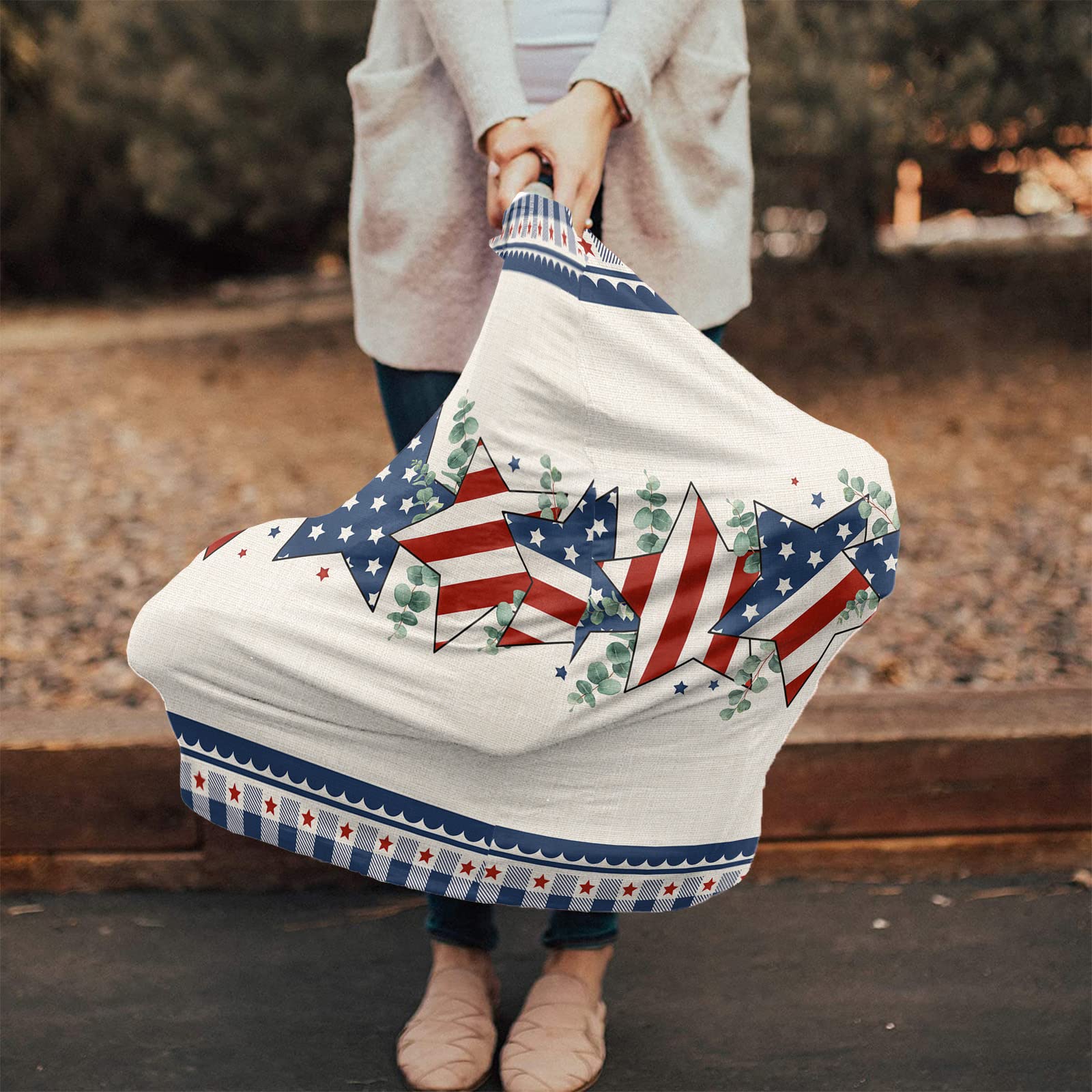 Nursing Cover for Breastfeeding Scarf, Patriotic American Flag Eucalyptus Leaves Baby Car Covers Super Soft Multi Use for Canopy Shopping Cart Cover Blanket Stroller Cover