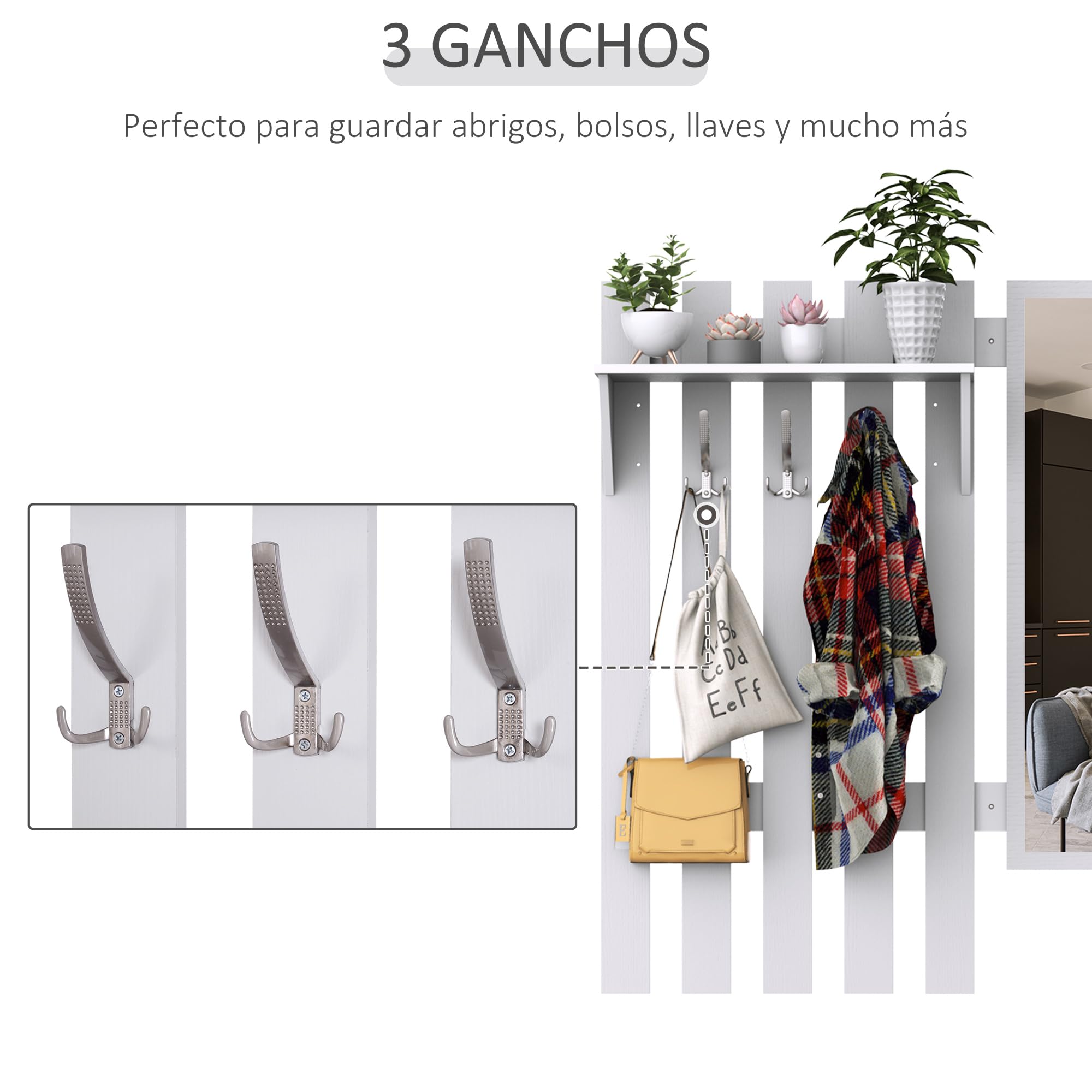 HOMCOM Conjunto de Recibidor de Entrada con Espejo Perchero y Zapatero Muebles de Entrada con 3 Ganchos Estante y 2 Cajones para Pasillo Blanco