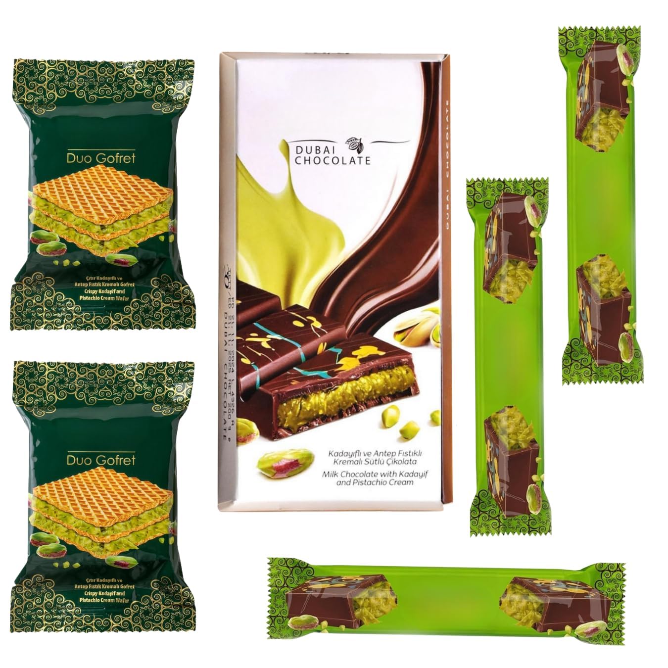 Dubaii Chocolate Gift Pack, Pistachio Chocolatee 7.05 oz, Duo Wafers 1.27 oz, Dubaii chocolatte 1.23 oz, Eid, Valentine's, Birthday Gift, Luxury Chocolaate, Gourmet Chocollate