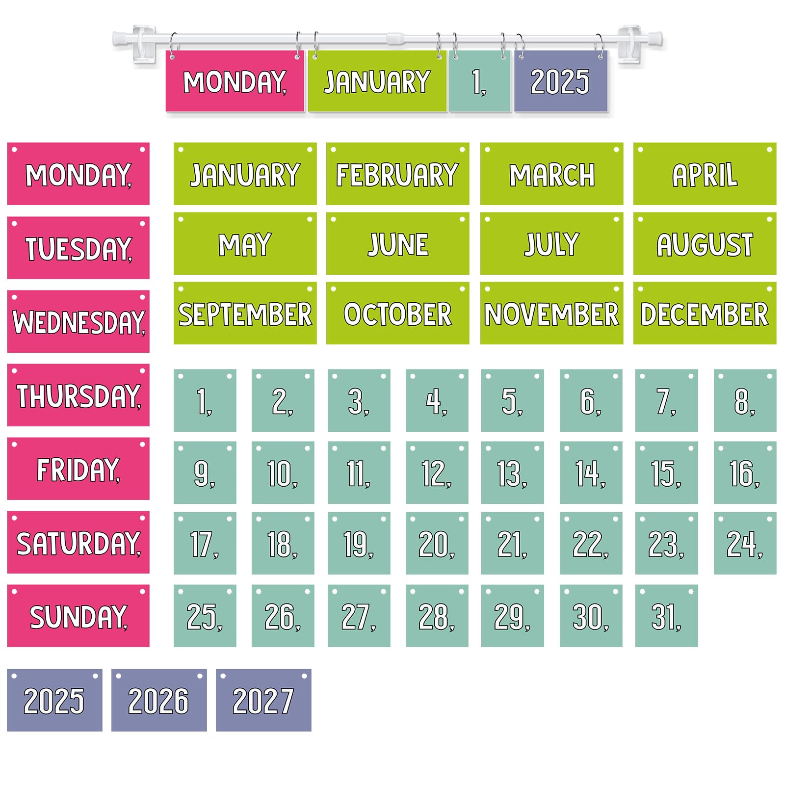Chiisong Rainbow Classroom Flip Calendar Classroom Bulletin Board Calendar Chart Set with 53 Date Cards and Hanging Adjustable Rod for Back to School