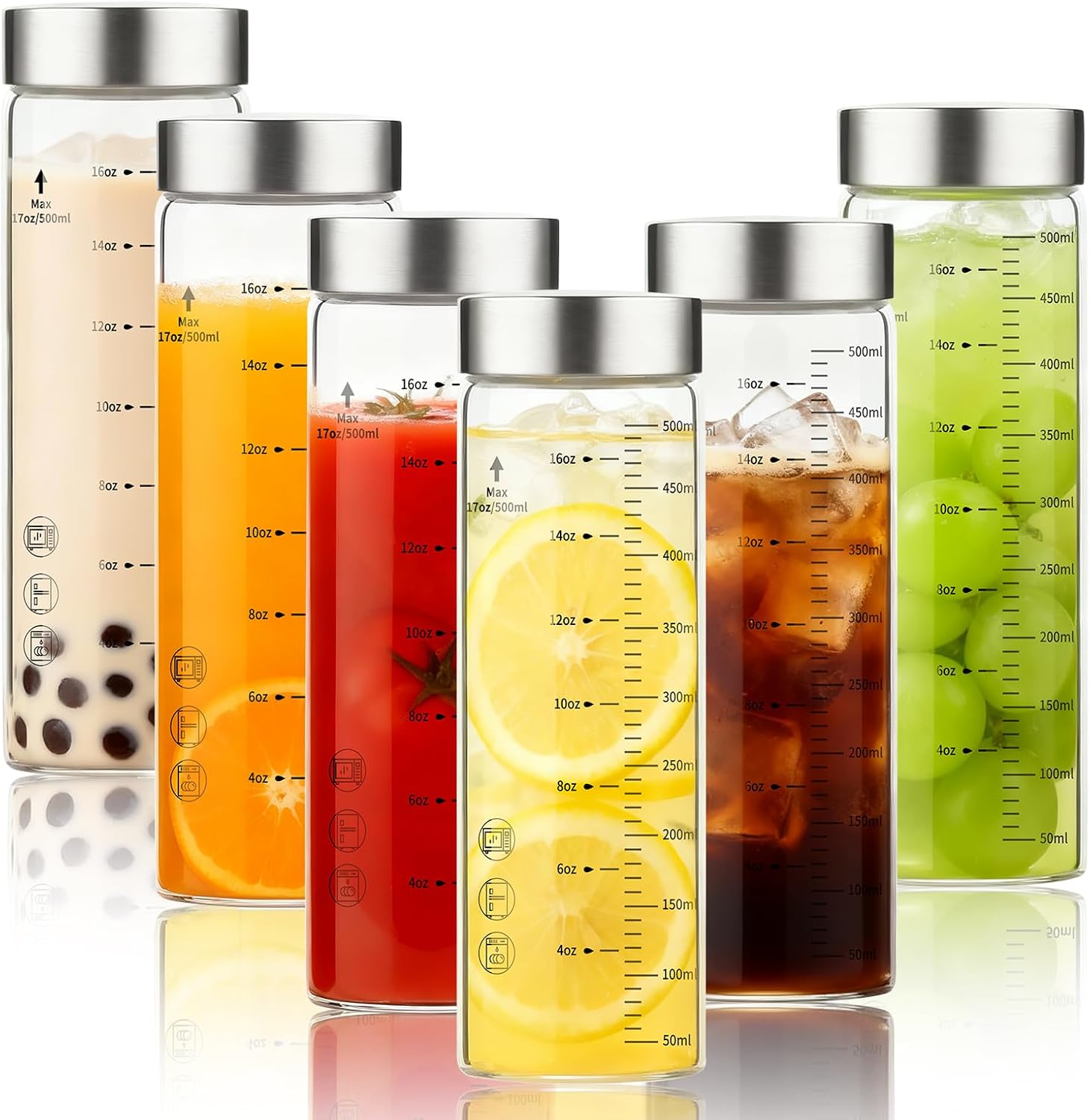 Glass Juice Bottles 16 Oz, Wide Mouth Reusable Clear Glass Water Bottles with Graduations 100% Leak Proof Stainless Steel Lids, BPA Free, Fits in Cup Holder Juice Containers Set of 4