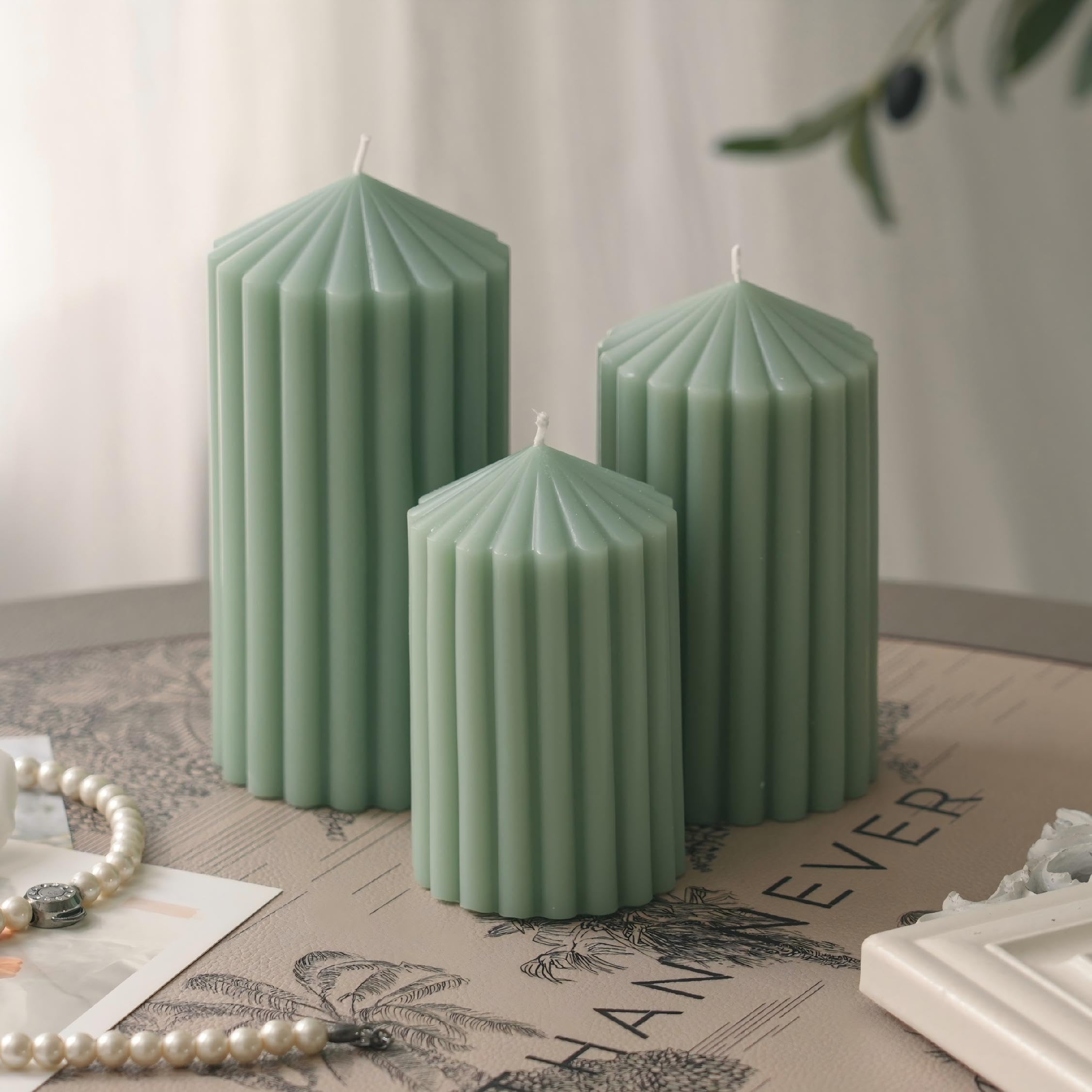 Photo 1 of 3 Pack Sage Green Ribbed Pillar Candles - Soy Wax Unscented, 2.76"x4.2/4.9/5.9 in Smokeless Non Toxic Cotton Wick, Aesthetic Modern Candles for Home Decor, Dinner Table, Living Room, Housewarming Gift