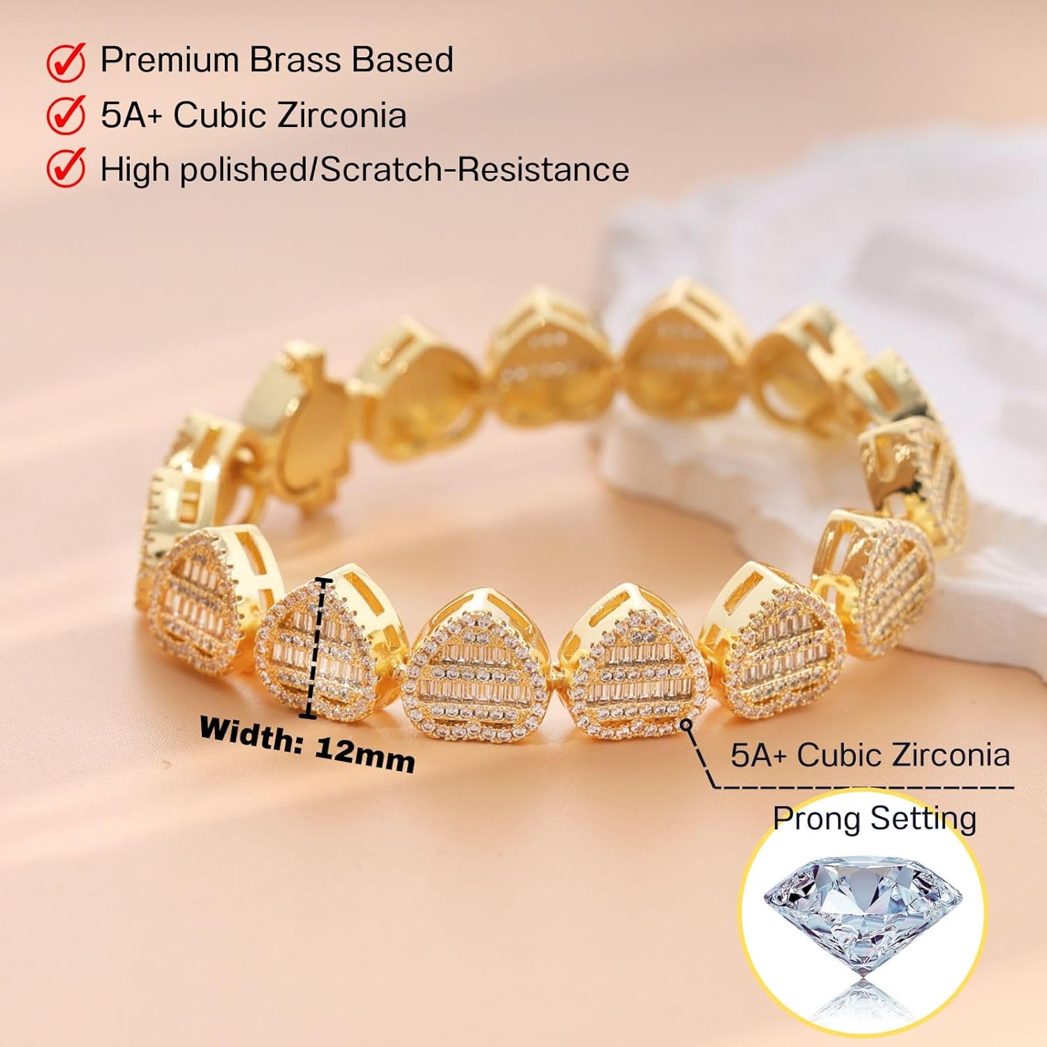 Lulu Mel Iced Out 12mm Heart Bracelet Baguette Diamond Bracelet For Women, Hip Hop Mens Full CZ 14K Gold Plated Chain Bracelet Rapper Chains With Jewelry Box - Image 4