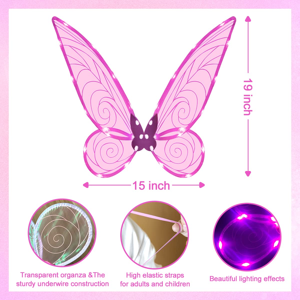Tanganan Light up Fairy Wings Butterfly Wings for Adult Girls,LED Fairy Wing Sparkle Angel Wings for Women Halloween Cosplay Costume Angel Wings Dress Up (Pink+Wand) - Image 3