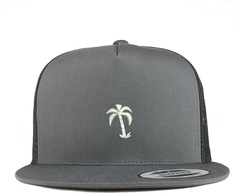 Trendy Apparel Shop Palm Tree Solid White Embroidered 5 Panel Flat Bill Trucker Mesh Back Cap