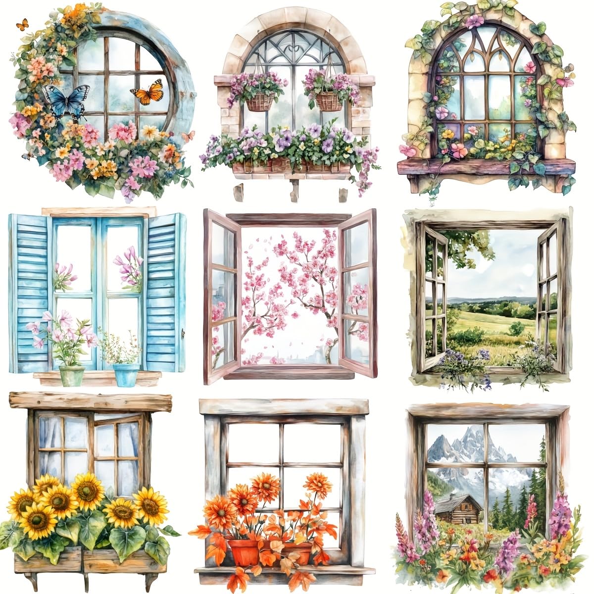 A Set of 20 creative retro spring sunflowers cherry blossoms window scenery distant mountains sea forest series stickers suitable for diary notebook scrapbook manual account DIY cutting book-image-10