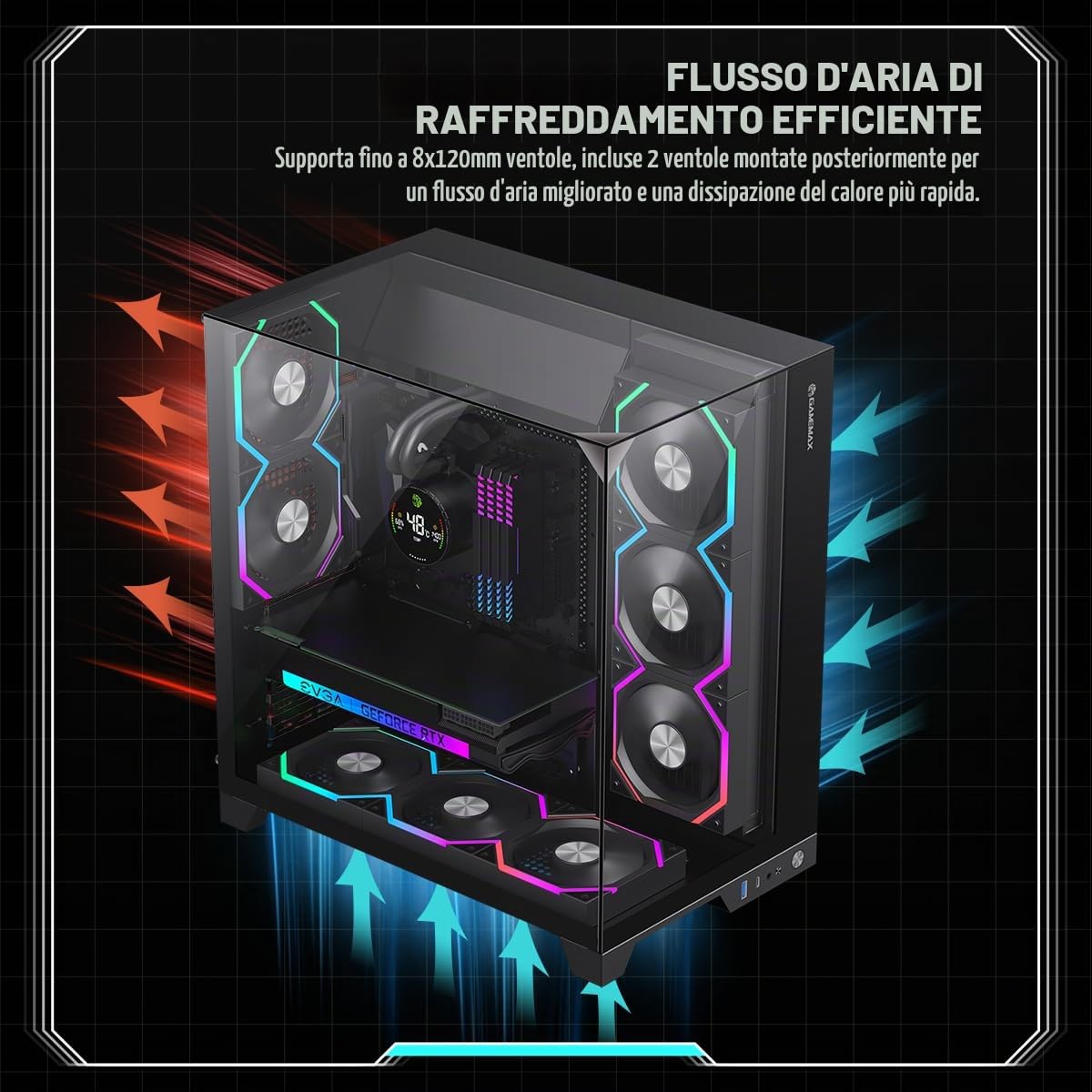 GAMEMAX Infinity PRO BK Case per PC ATX Midi Tower, vetro panoramico a 3 lati, ventola PWM 5X ARGB preinstallata, USB-C & Aura Sync, scheda madre BTF, raffreddamento ad acqua fino a 360 mm, nero
