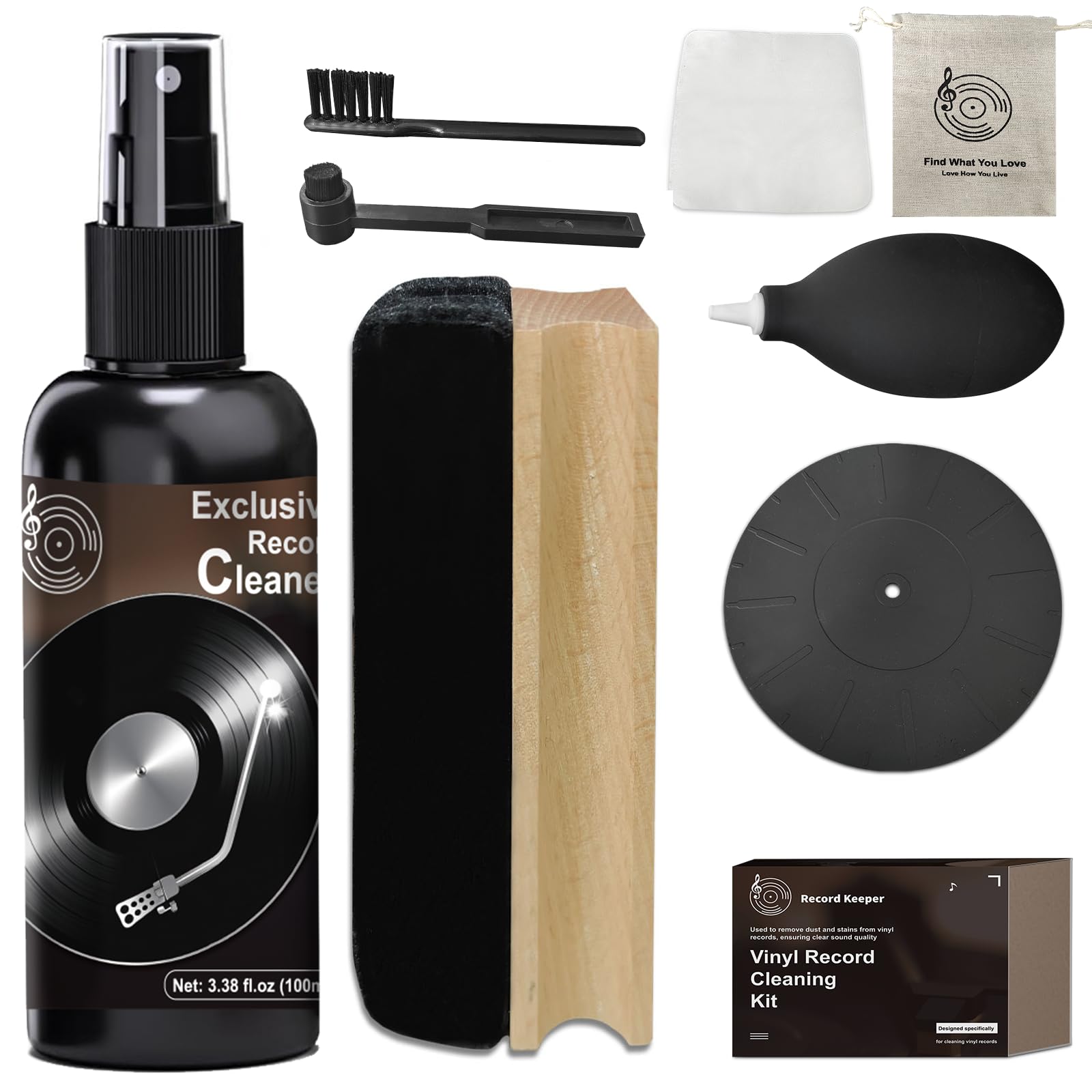 Kit di pulizia per dischi in vinile, detergente completo 8 in 1, 100 ml, spazzola per dischi in velluto, spazzola con manico dritto, spazzola a testa rotonda, vassoio in silicone, panno