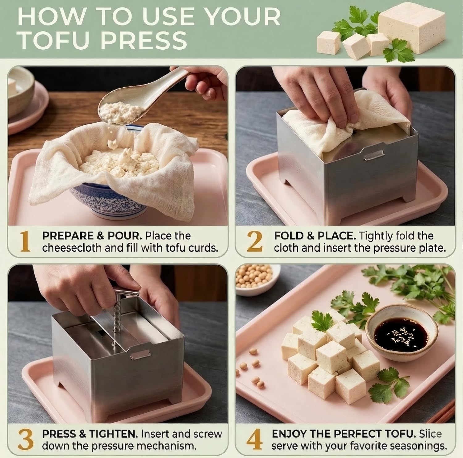 Tofupressa in acciaio inox, per uso alimentare, lavabile in lavastoviglie, con 1 vassoio e 1 panno di garza, adatto per tofu, formaggio e yogurt secco.
