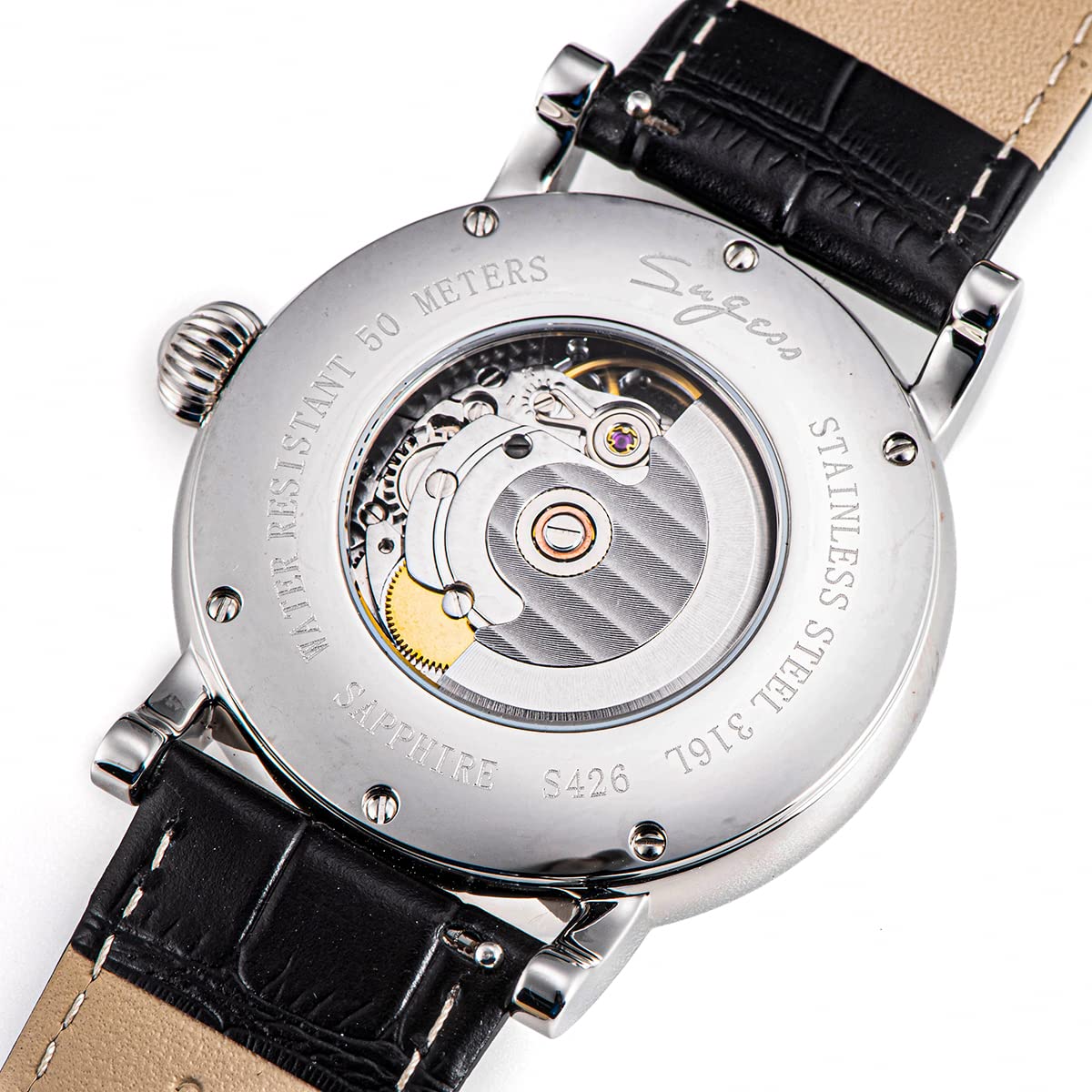 SUGESS Seagull ST2153 - Display automatico in zaffiro con fasi lunari Hi Beat 1963 BNIB, bianco, Cinturino