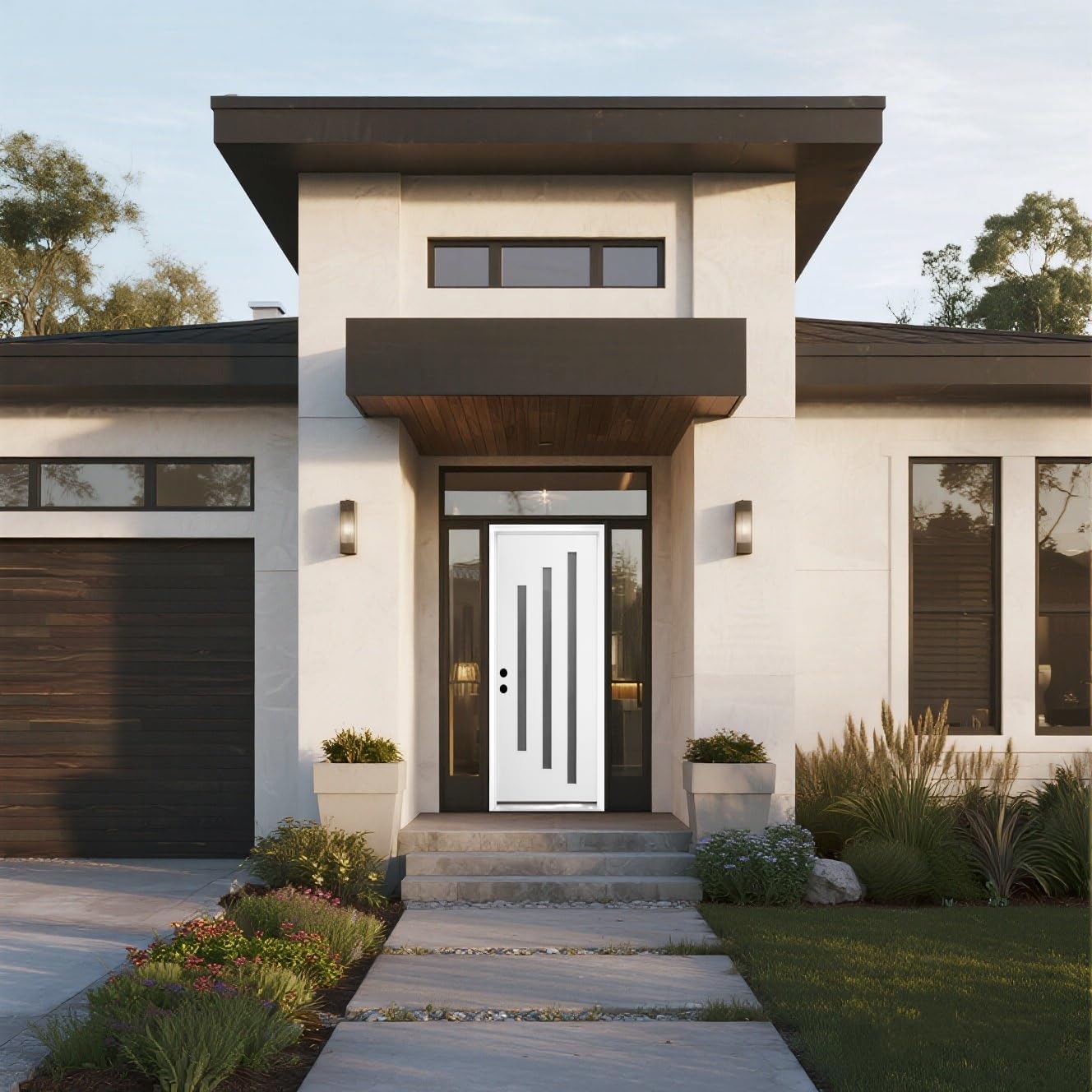 36x80 inch Fiberglass Entry Door - Right Handed - White Primer, Frosted 3 Piece Glass, 6-9/16 in Door Frames, Brick Molding and Vinyl Edging - Pre-Assembled KD” (White -Right, 6-9/16 in)