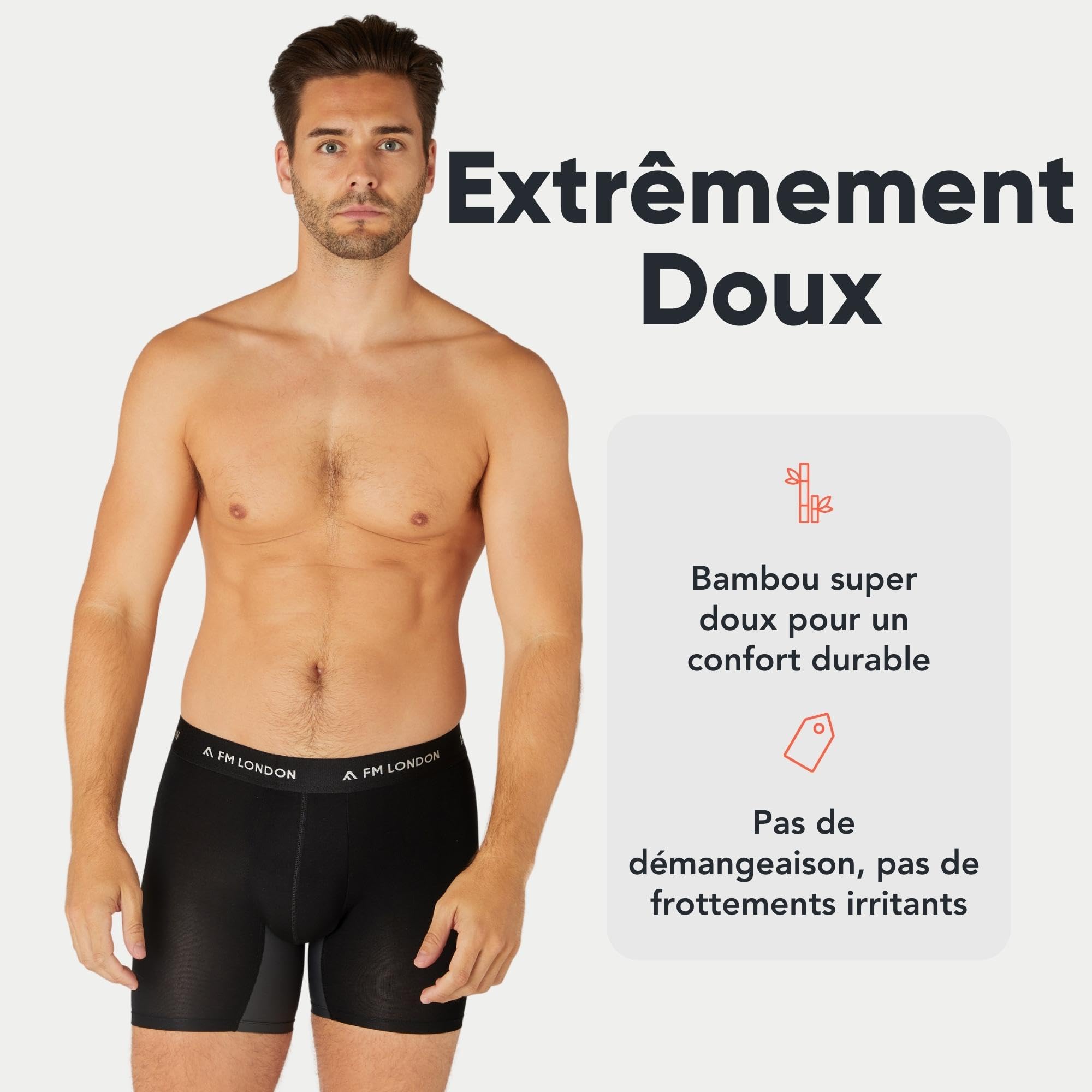 FM London Boxer en Bambou pour Homme, Boxer pour Homme Long en Bambou avec Empiècements Anti-Frottements, Poche Profilée, Évacuation de l'Humidité, sans Étiquette, Respirant (3 Pièces)
