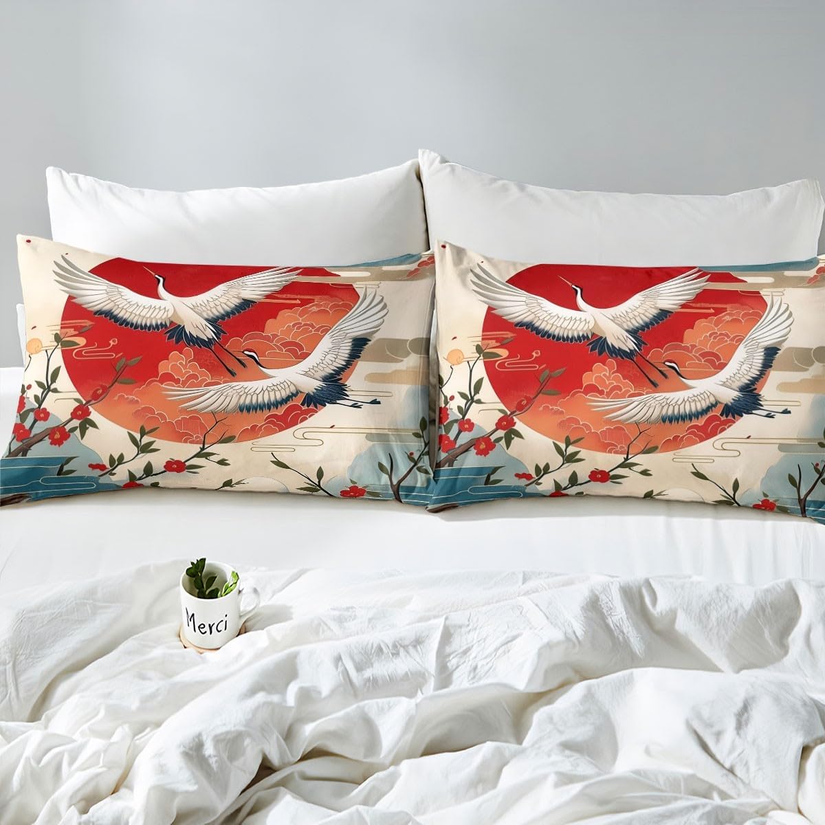 Red-Crowned Crane Duvet Cover Set Toddler Size,Bird Red Sun Flowers Blue Cloud Reversible Quilt Cover for Kids Boys Girls Traditional Chinese Painting Bedding Set with 1 Pillowcase,No Comforter