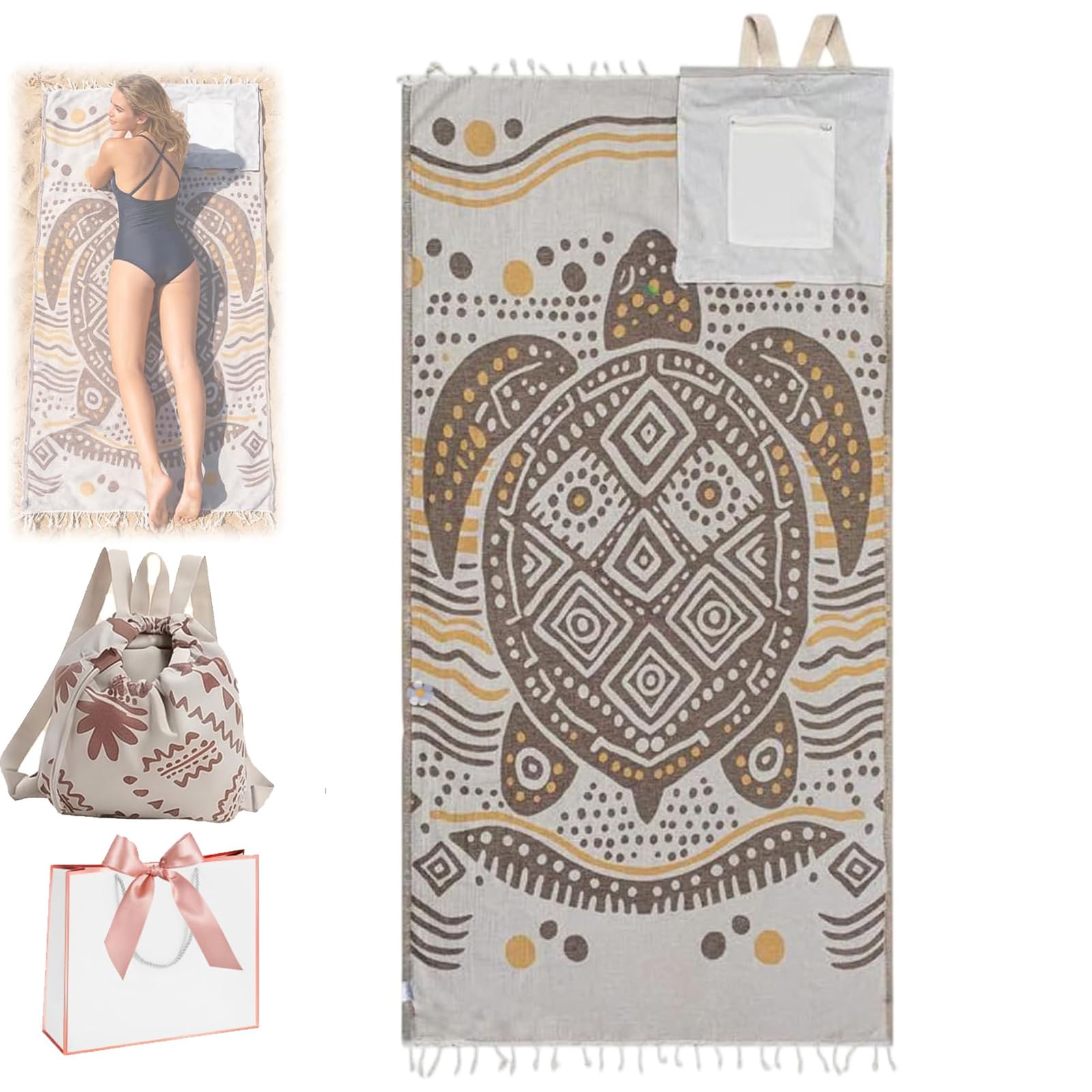 Bolsa de toalla 2 en 1 y mochila de playa convertible de microfibra sin arena gran tamaño con bolsillo interior con cremallera