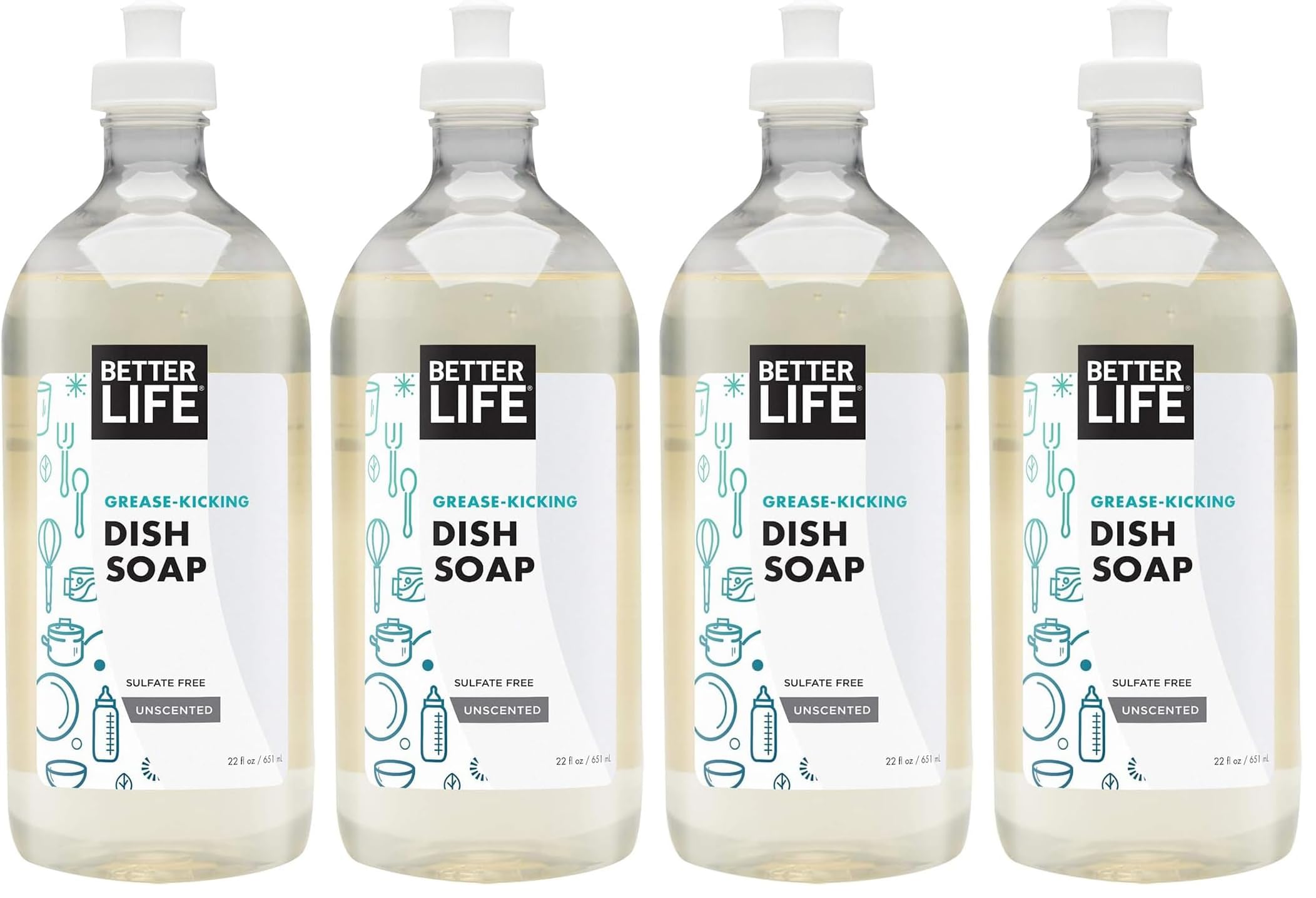 Better Life Dish Soap - Liquid Dishwashing Soap with Vitamin E and Aloe for Home &amp; Kitchen Sink - No Gloves Required Kitchen Soap for Sensitive Skin - 22oz (Pack of 4) Unscented