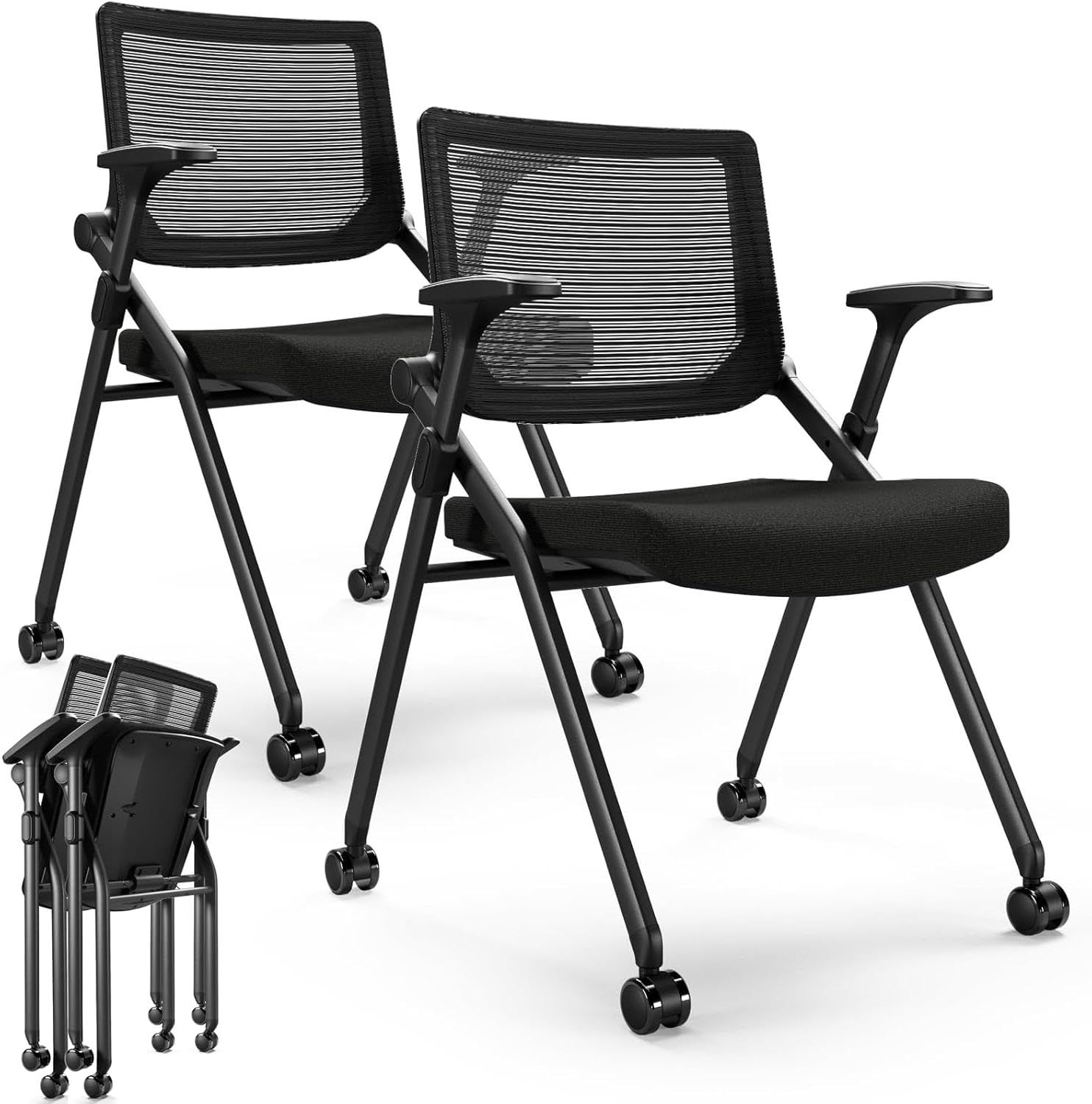 Lot de 2 chaises de bureau pliantes avec roulettes en polyuréthane, dossier ergonomique en maille avec suspension, empilables pour salles de conférence, zones visiteurs et réception, noires