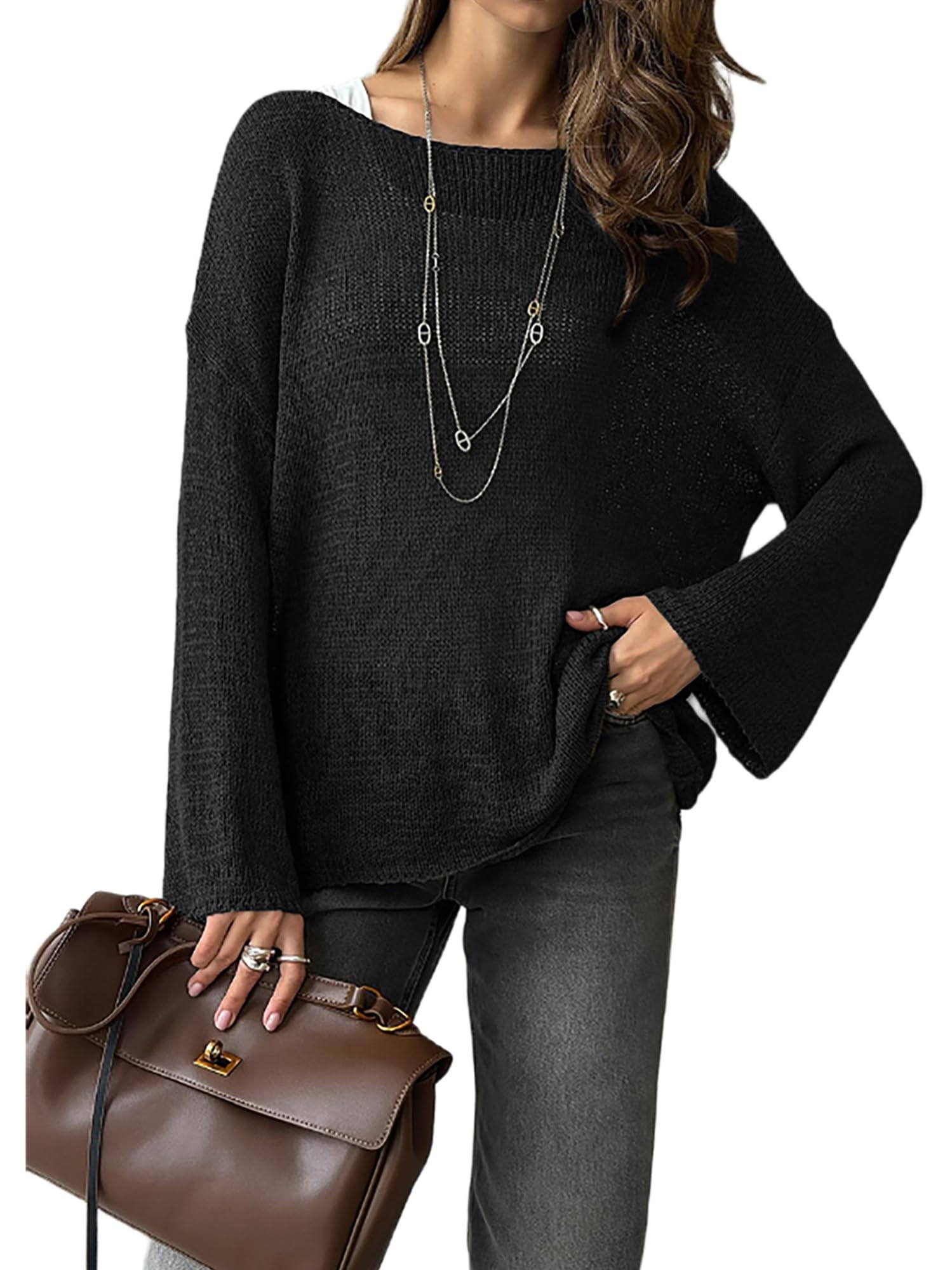 Lierolye Women's Black Oversized Sheer Mesh Knit Sweater Loose Long Sleeve Tunic Pullover Top Hollow Lightweight Beach Jumpers(,L)