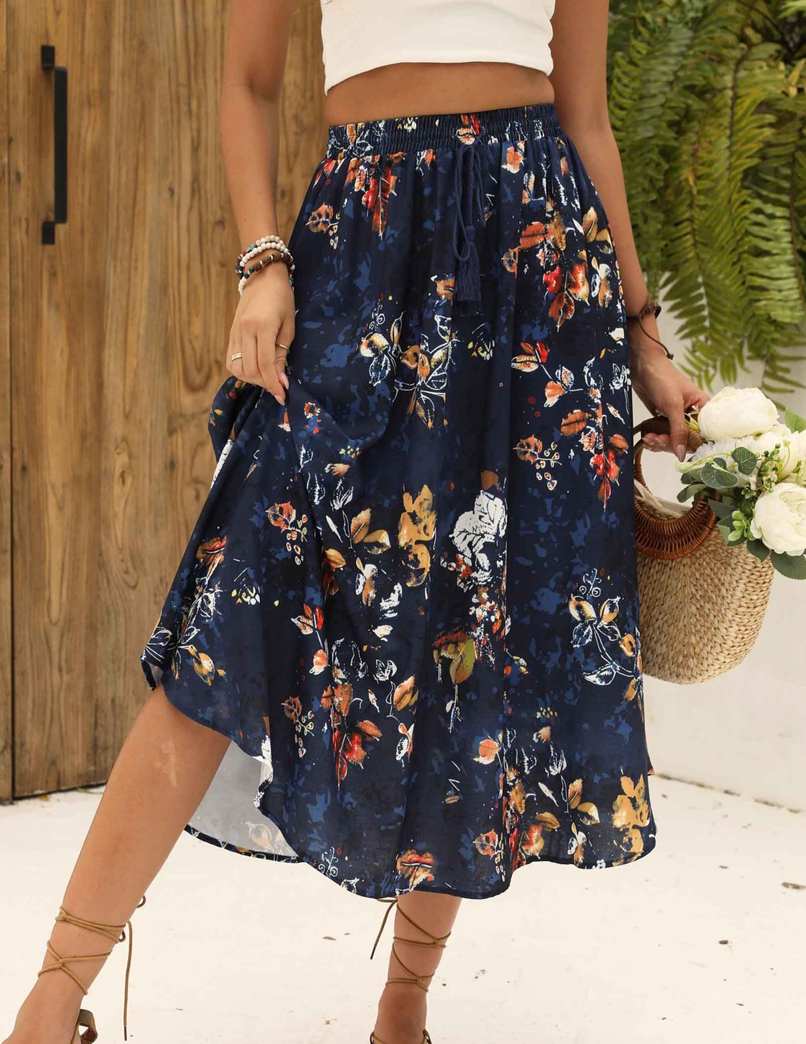 Zeagoo Falda Midi Elegante Cintura Alta Maxi Cordón Color Liso Mujer