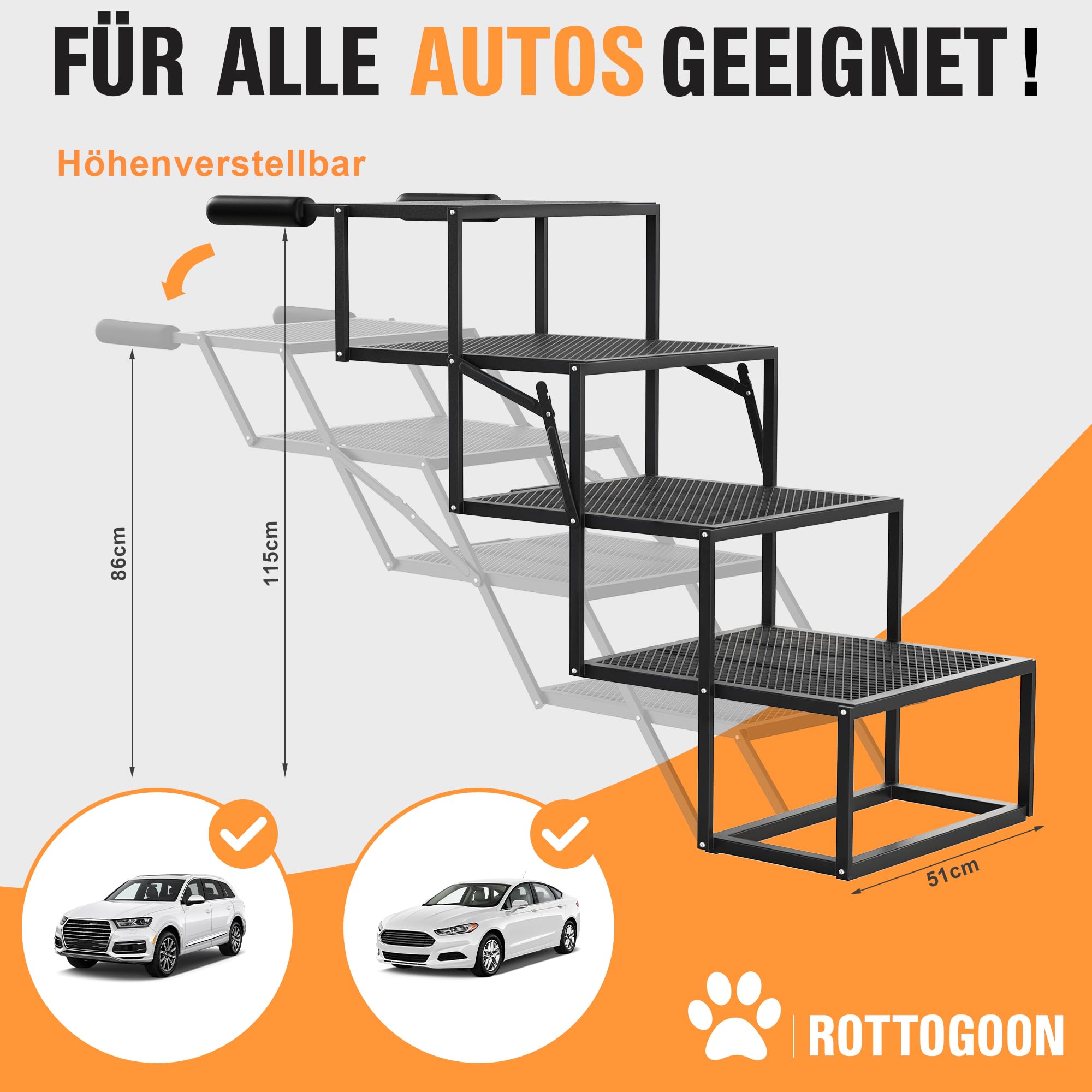 ROTTOGOON Tragbare Haustiertreppe Breite 4-stufige Hunderampe Auto Klappbar | Hundeautotreppe Zusammenklappbare, mit Rutschfester Lochgitterplatte, aus Leichtem Eisen für Auto SUV und LKW
