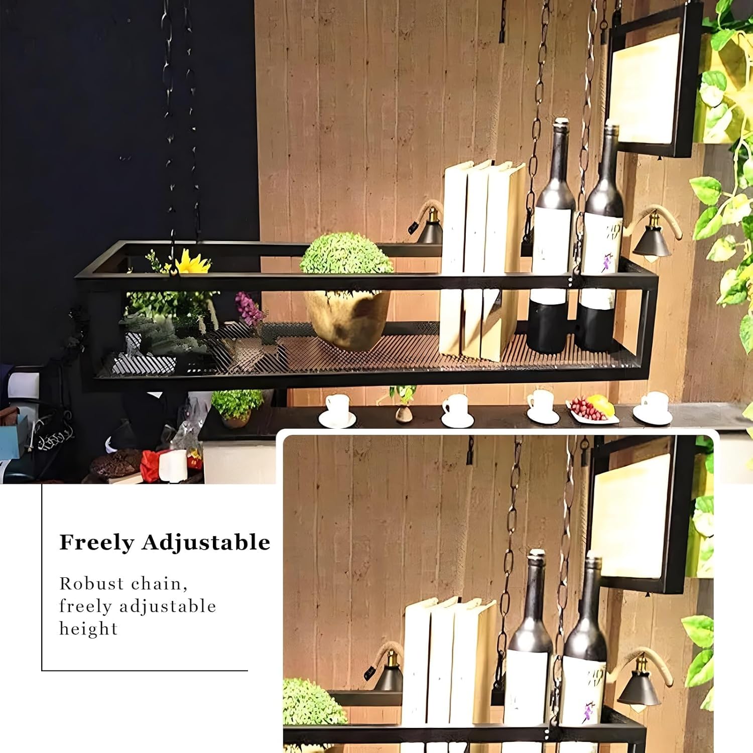 Ceiling Shelves for Hanging Plants, Metal Wine Rack with Chain, Decorative Display for Restaurant, Kitchen, Bar - 60x25x15 cm, Ideal for Flower Support and Home Decor