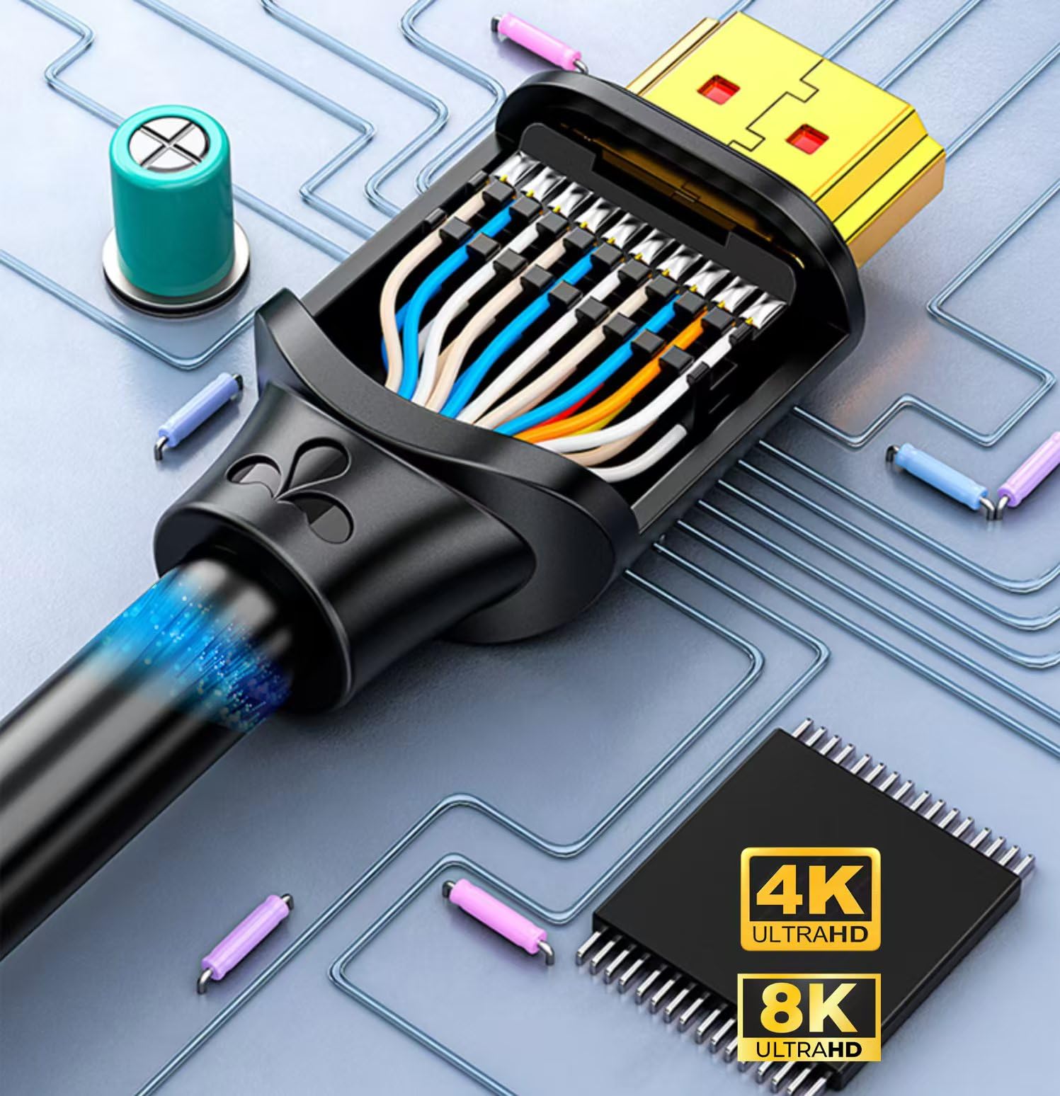 Elfcam® - 15m Cable de Alta Velocidad 8K Ultra HD HDMI2.1, Macho a Macho, Compatible con Formatos 3D y con Ethernet y Soporte 4K/120FPS 8K/60FPS Negro 15m