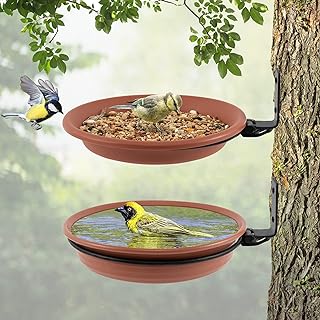 2 Bird Trays Tree Mounted for Bird Feeder Bird Bath Bowl, Installed on Wooden Fence Wall Tree Deck Stakes with Heavy Duty Iron Ring 21 CM in Dia of Different Depths