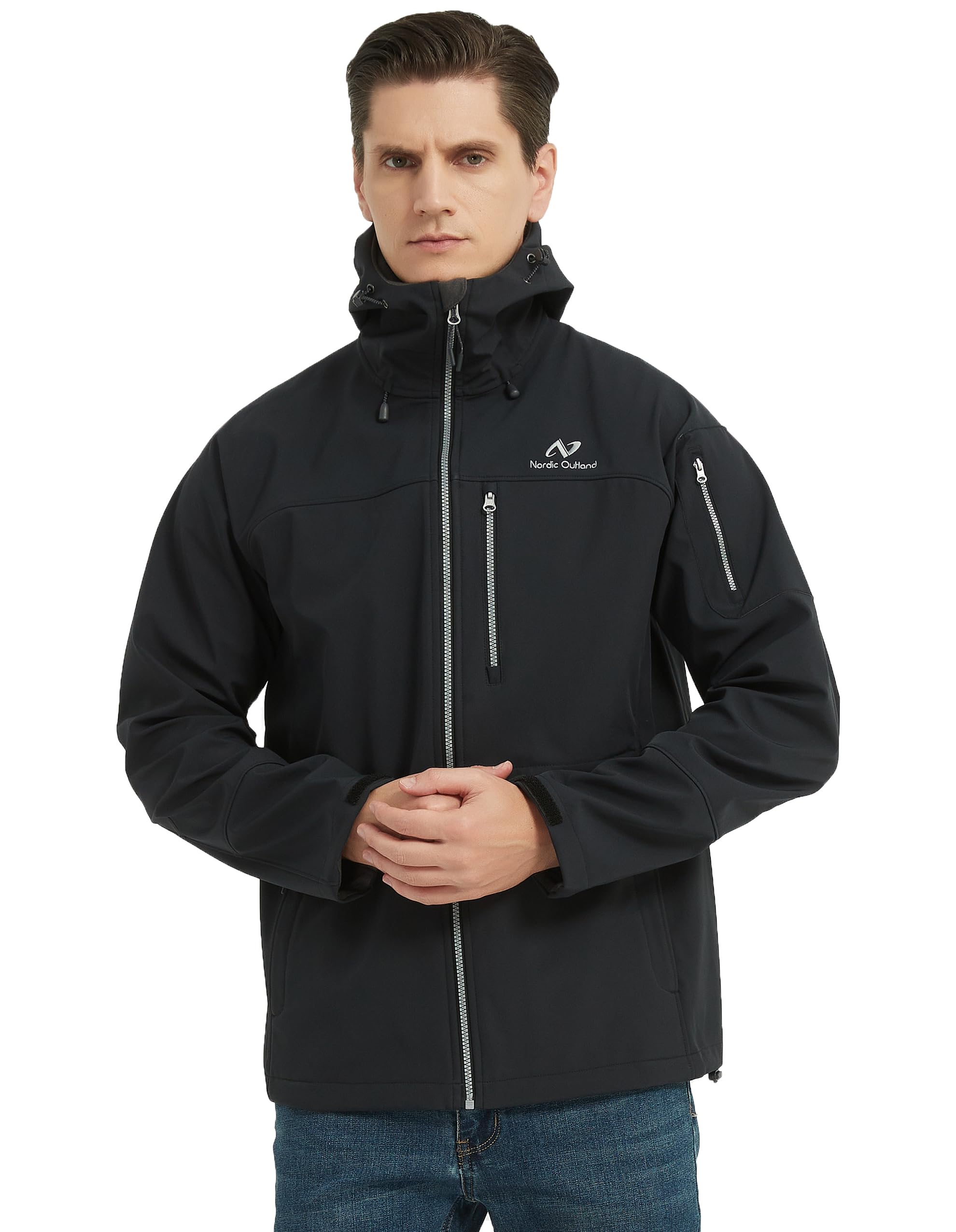 NORDIC OUTLAND Veste de pluie Softshell imperméable à capuche coupe-vent 7 poches pour activités de plein air