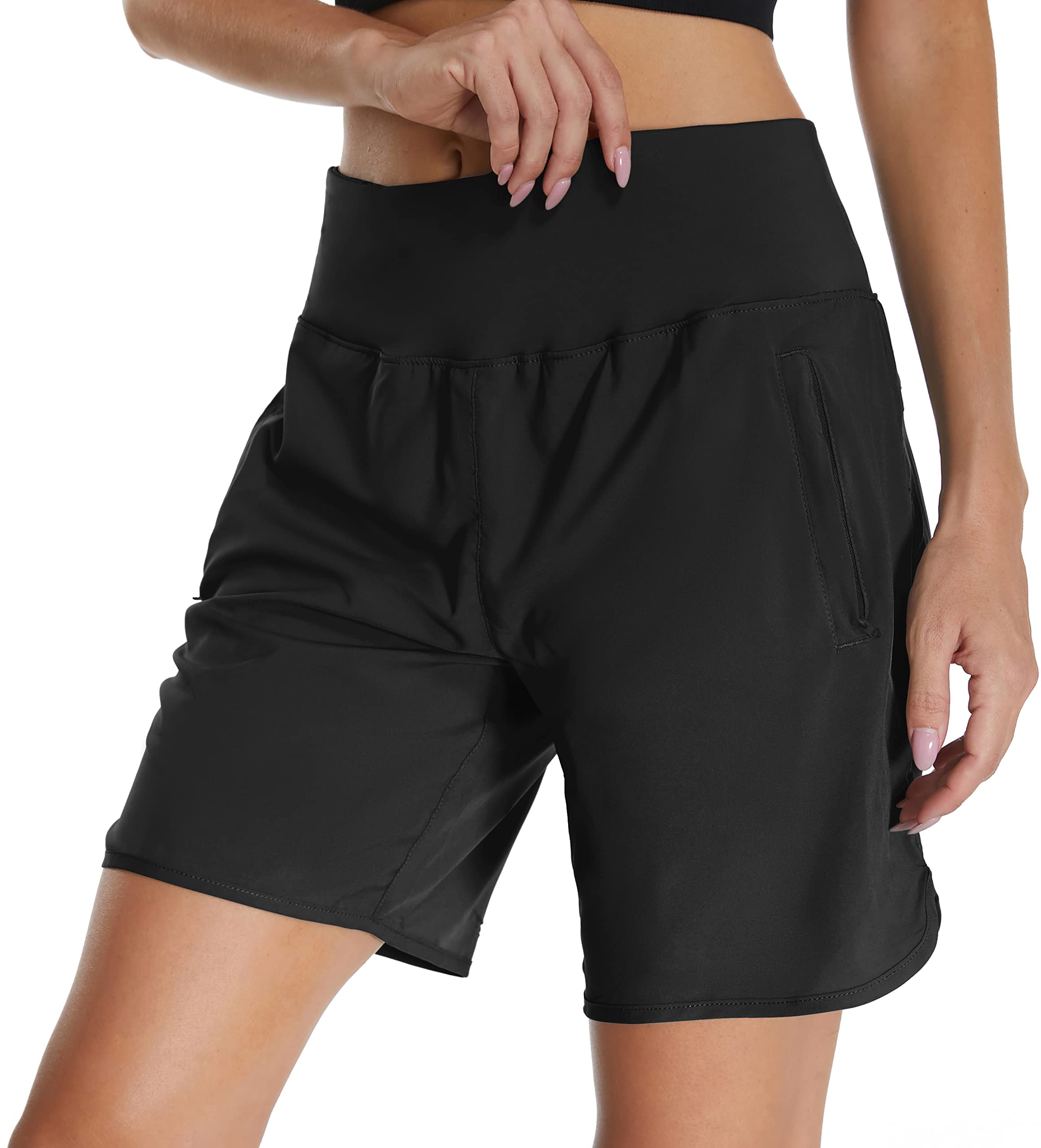 Mesing Pantaloncini Sportivi Running Donna a Vita Alta Pantaloni Corti Palestra Corsa Allenamento Traspirante Sport Shorts con Slip Interni e Tasche Posteriori con Cerniera