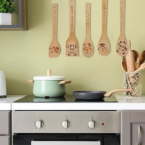 Miniatura 8 de Juego de 5 cucharas de cocina de madera con diseño de panda, regalos de panda para mujeres, decoración de cocina, cucharas de bambú para cocinar