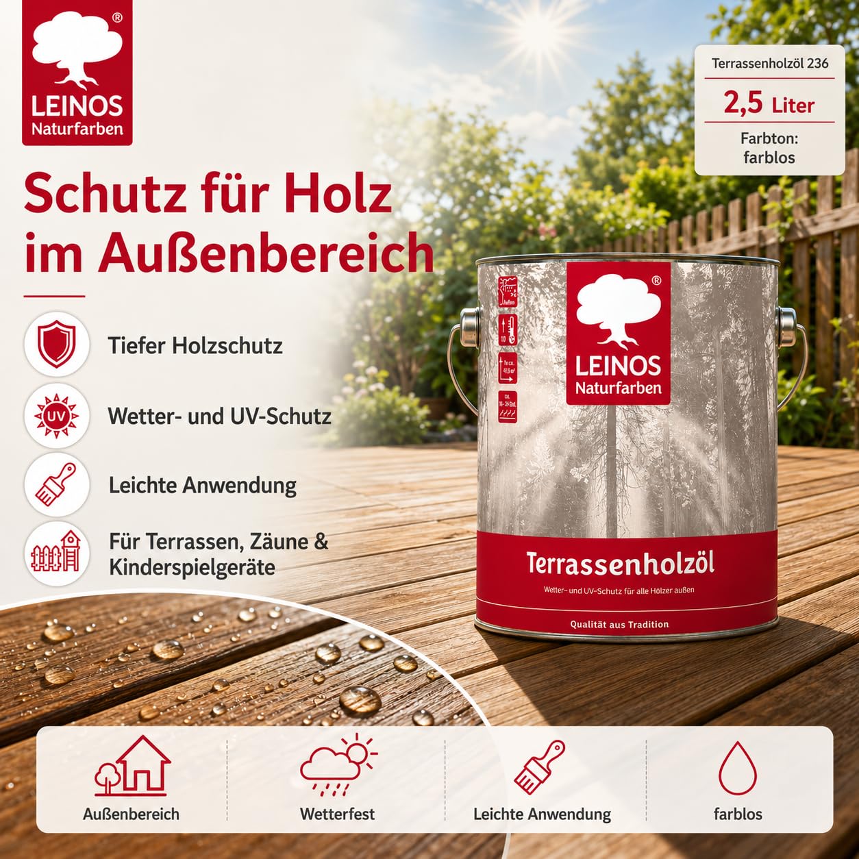 LEINOS Terrassenholzöl 236 | 2,5 Liter | Hochwertiges Holzöl für außen | Für Terrassen, Zäune, Kinderspielgeräte | Farbton: farblos | Tiefer Holzschutz & leichte Anwendung