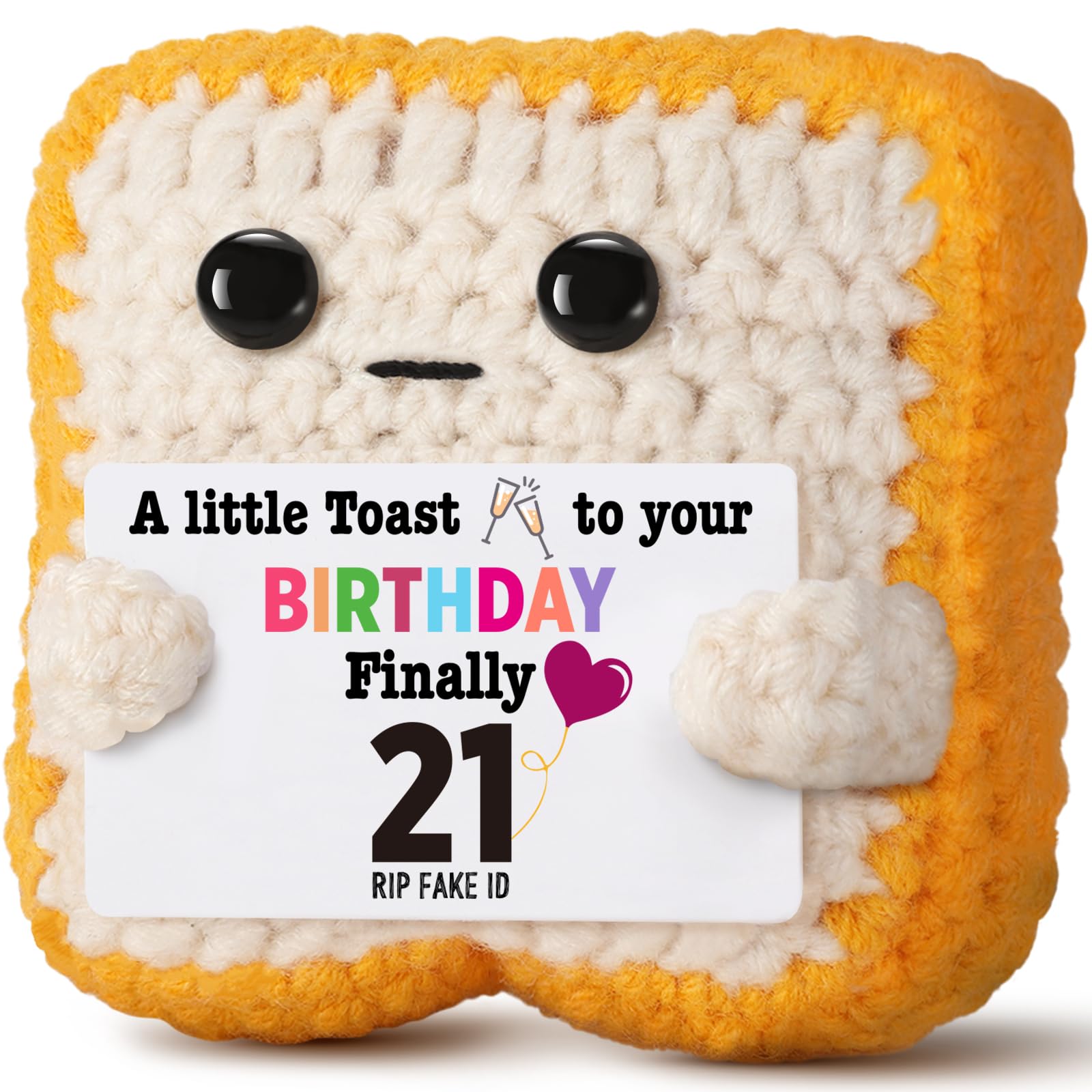 Finally 21 - Funny 21st Birthday Gift for Her Him - Crochet Toast with 'RlP Fake ID' Gag Message - Unique Adult Birthday Decor & Keepsake for Daughter, Son, Friend, Sister female Male From Mom Dad