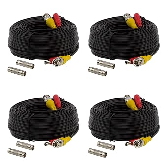 4 Pack 60Ft Serveillance Camera Cables, All in One Video and Power Extension Cables for CCTV Camera DVR Security Systems, Includes BNC Connectors
