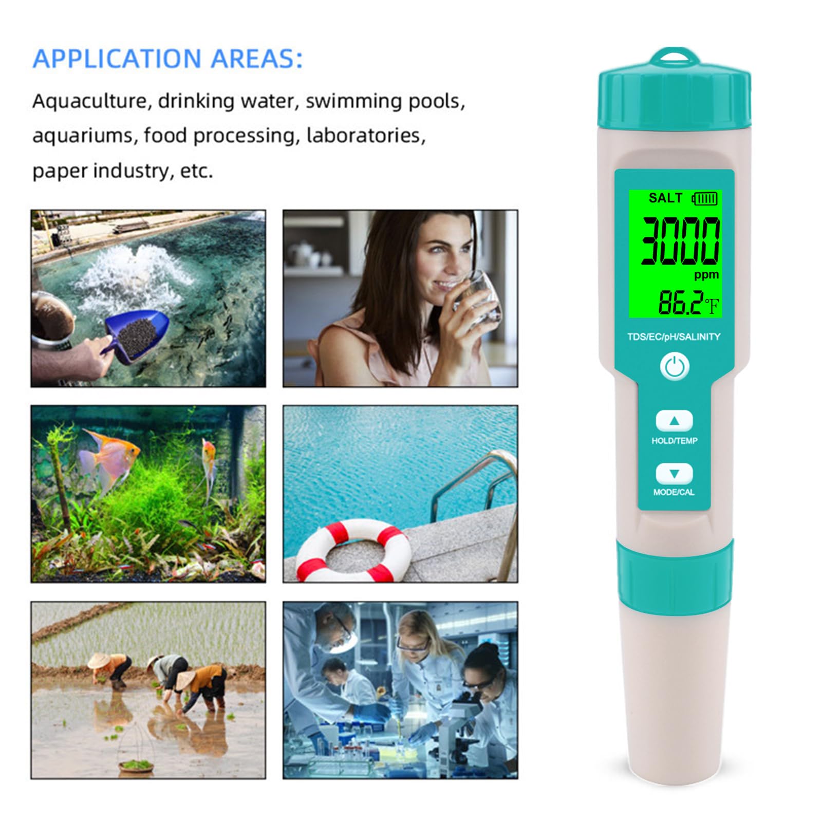 Aquarium Salt Tester -Pool Salt Tester, Versatile 5 in1 Salinity, PH, TDS, EC, and Temperature Meter, Digital Salinity Tester for Saltwater Aquarium, Accurate Salinity Meter,Green - image 6