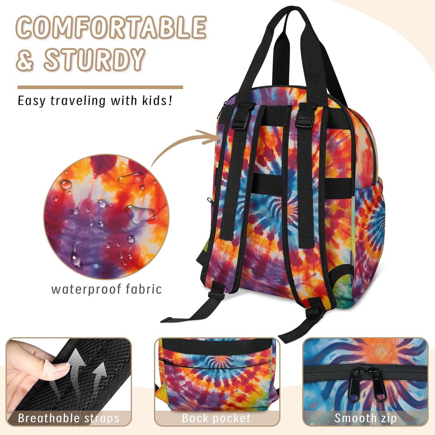 Tie Dye Diaper Bag Backpack for Travel, Waterproof Diaper Bag with Insulated Bottle Pockets & USB Port, Large Capacity Baby Bag for Moms & Dads