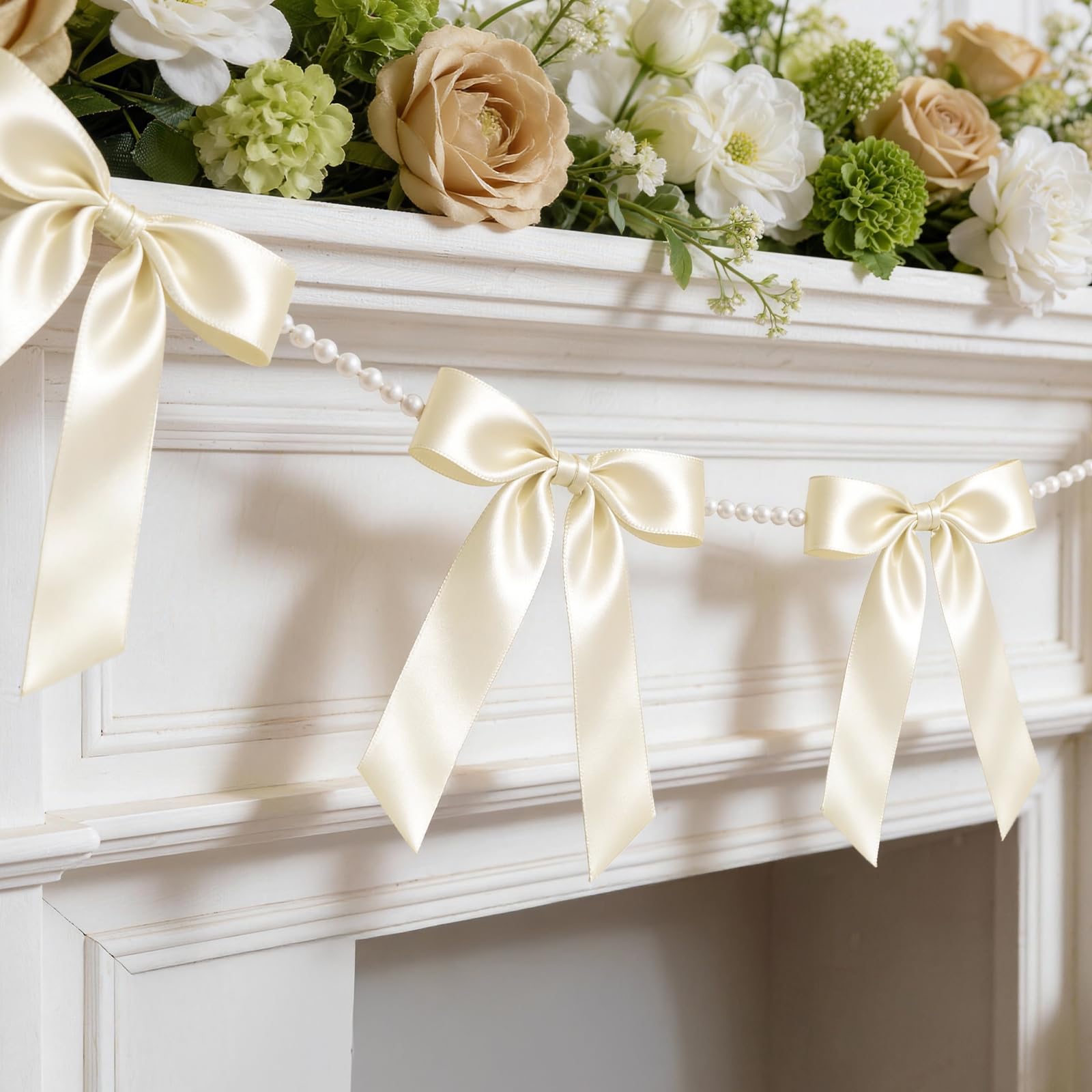 Photo 1 of 2 Strings White Bow Garland Banner, Pre-Strung Satin Ribbon with 6.5ft Pearl Chain for Bridal Shower, Wedding, Engagement, Bachelorette Party, Baby Shower, Graduation & Anniversary Decor