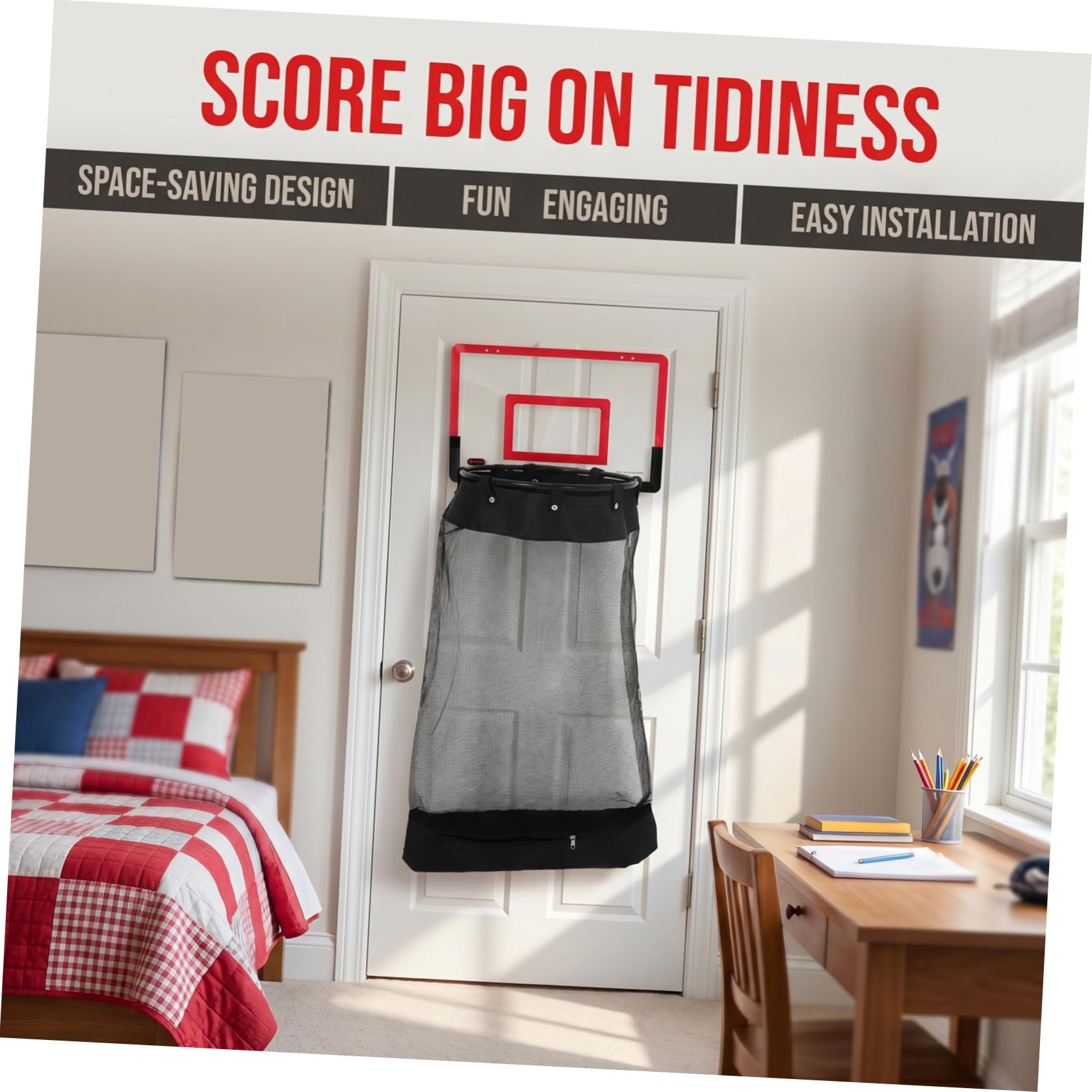 ABOOFAN Panier à Linge Suspendu Gain de Place avec Cerceau de Basket Rouge, Installation Facile, Fermeture Éclair, pour Chambre D'garçon et Filles et Petits Appartements