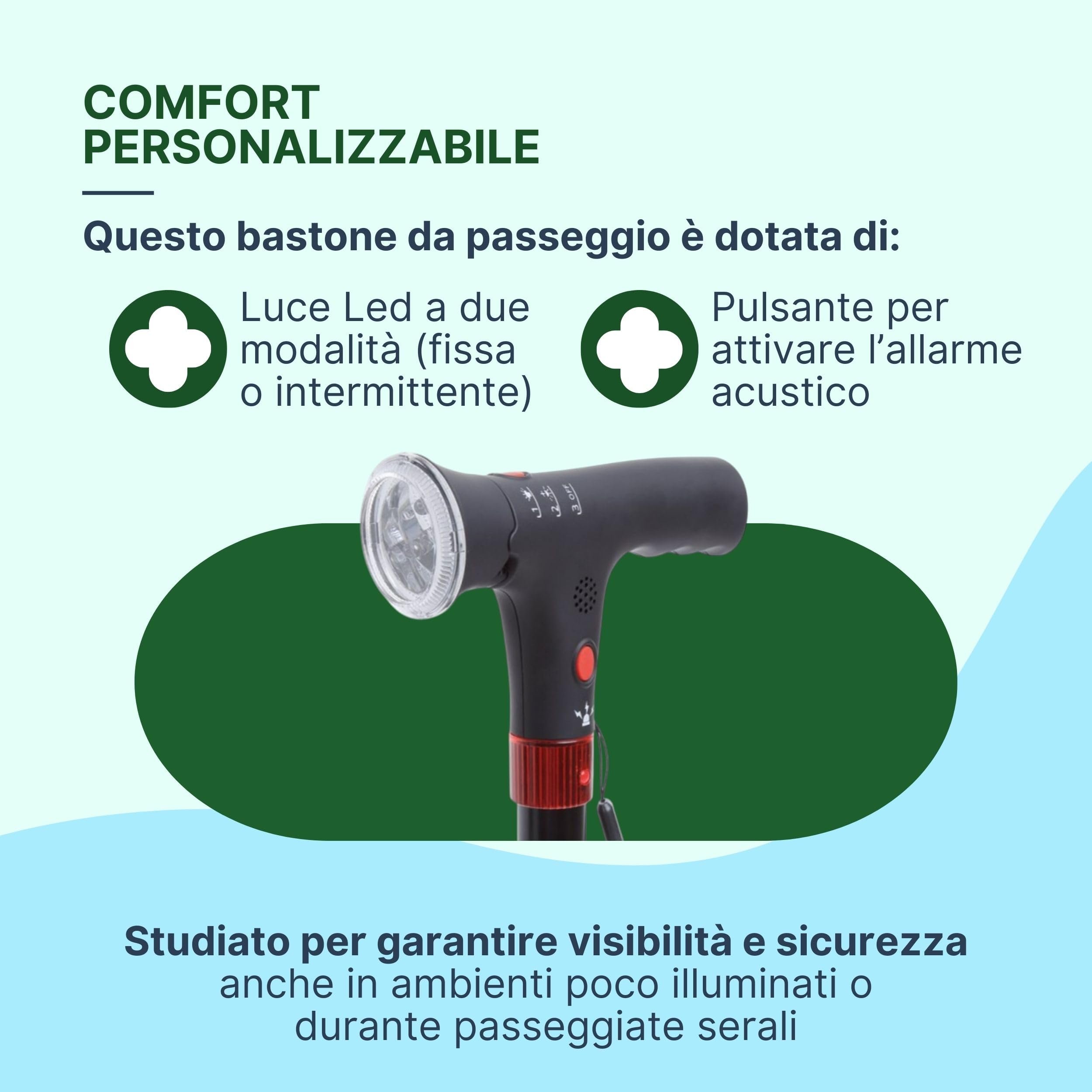 Bastone per Anziani in Alluminio con Luce Led e Allarme Acustico, Bastone da Passeggio con Impugnatura Ergonomica, Regolabile H. 74-96cm