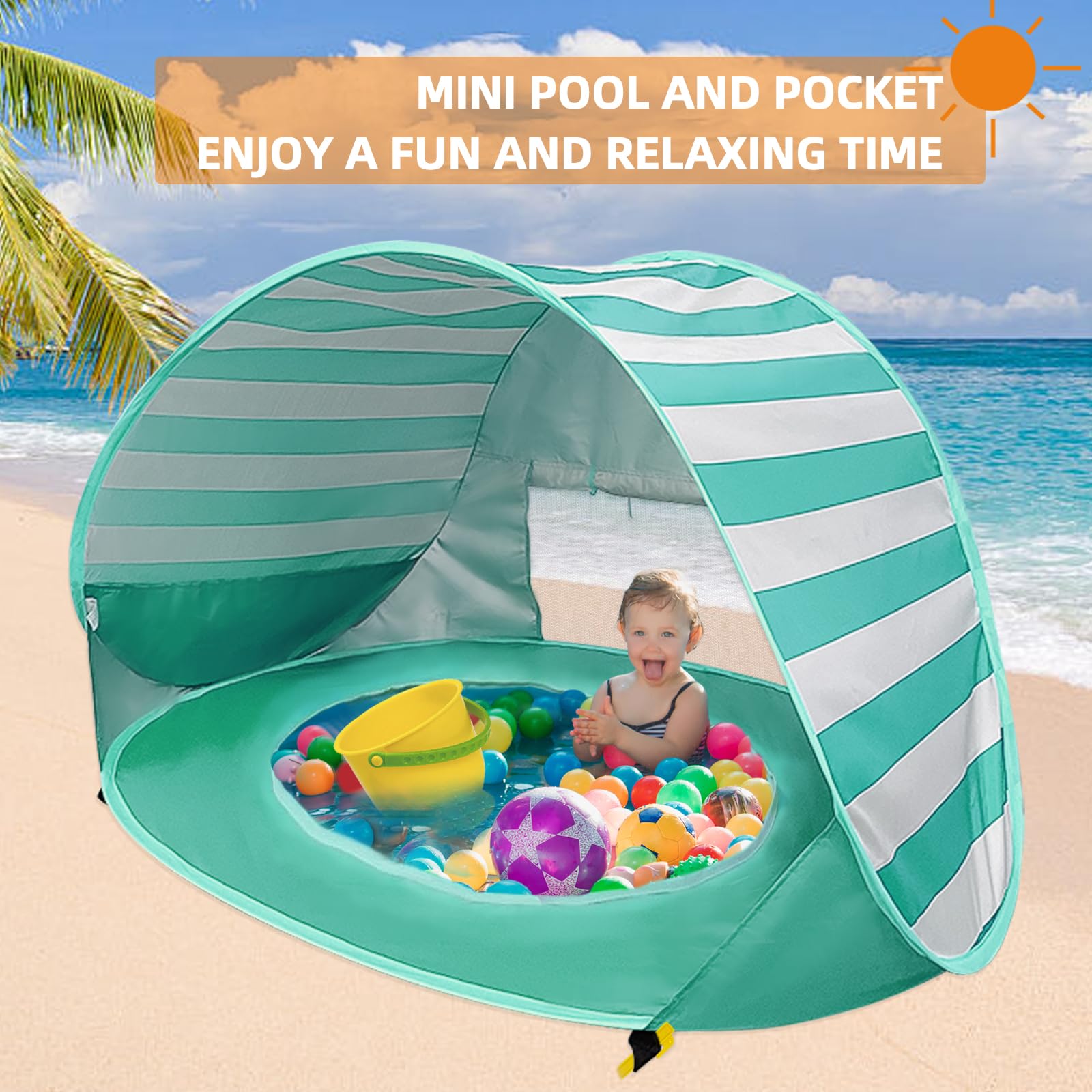 Tenda da Spiaggia Pop-up, Tenda da Spiaggia per Bambini Protezione UV 50+, Tenda da Spiaggia Portatile per Bambini con Mini Piscina, Adatta per Spiaggia, Campeggio con Borsa per Il Trasporto