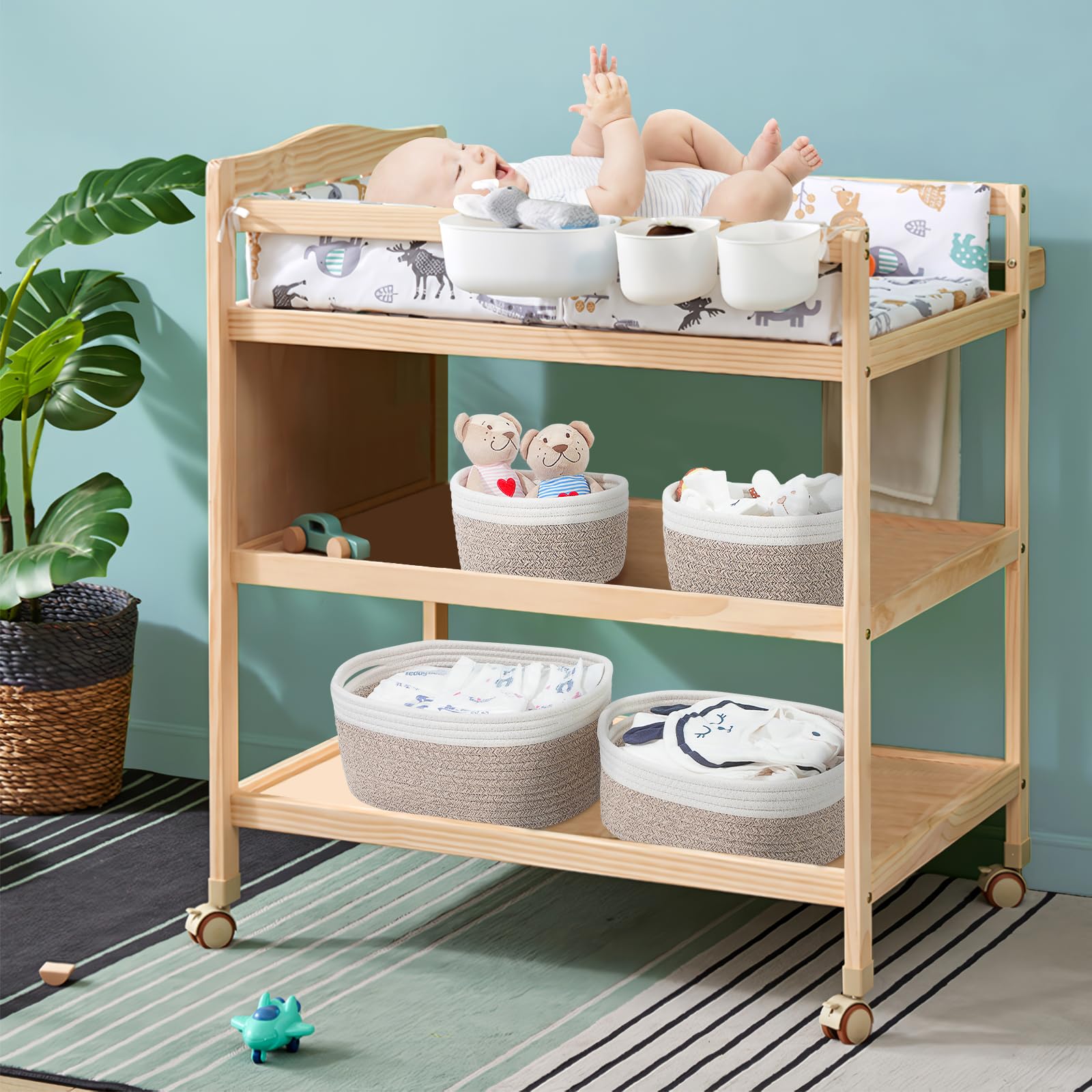 HDRNT Set di 4 cestini portaoggetti intrecciati in corda di cotone, cestino con manico, portaoggetti impilabili, cestini e contenitori per la cameretta dei bambini, organizer da bagno