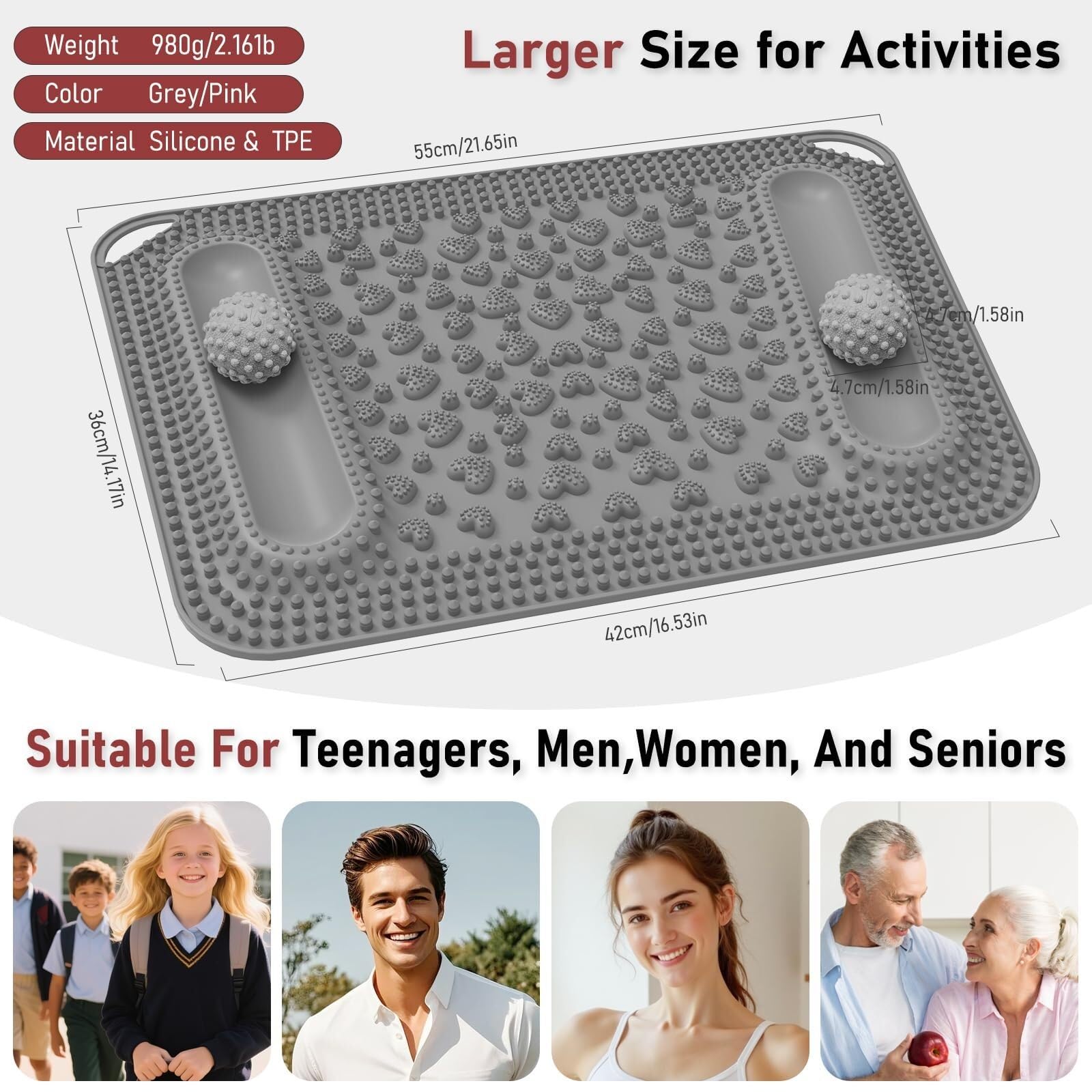 Tappetino per massaggio ai piedi e palline, riflessologia con picchi per agopressione per stimolazione dei punti di pressione, in silicone, per fascite plantare, sollievo dallo stress, per ufficio e