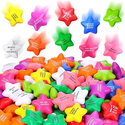 Miniatura 9 de Sratte 60 bolas motivacionales para el estrés para niños y adultos, juguetes de estrellas con citas de colores surtidos, pequeños juguetes de