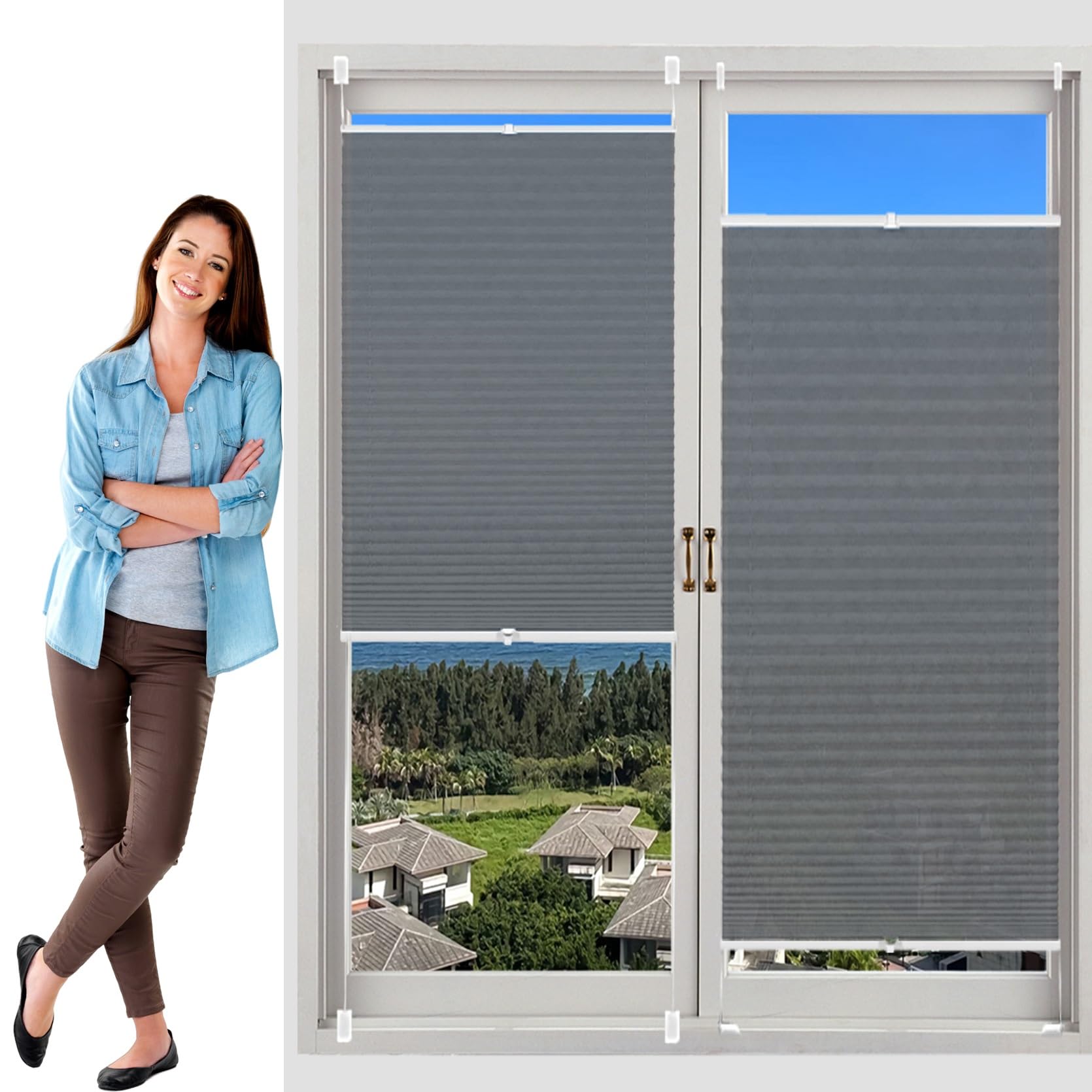 Huanqin Light Grey No Drill Blinds Instant Temporary Blinds 25 X 35 Cm (W X H), No Drilling, Translucent, Crushed Look, Blind Blackout Cordless Honeycomb Shade, Blinds Window Shades, For Window Door,